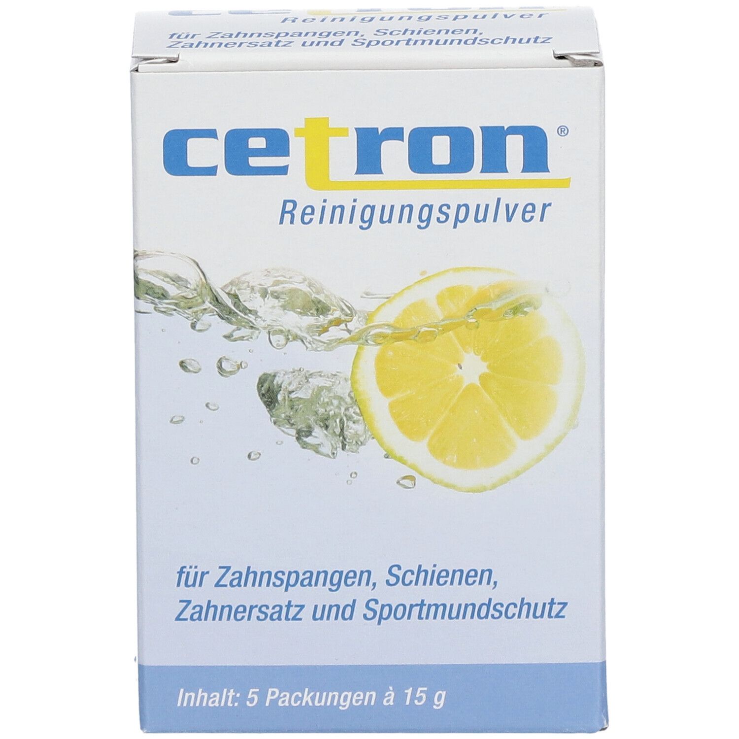 Emballage de poudre nettoyante Cetron avec tranche de citron et éclaboussures d'eau.