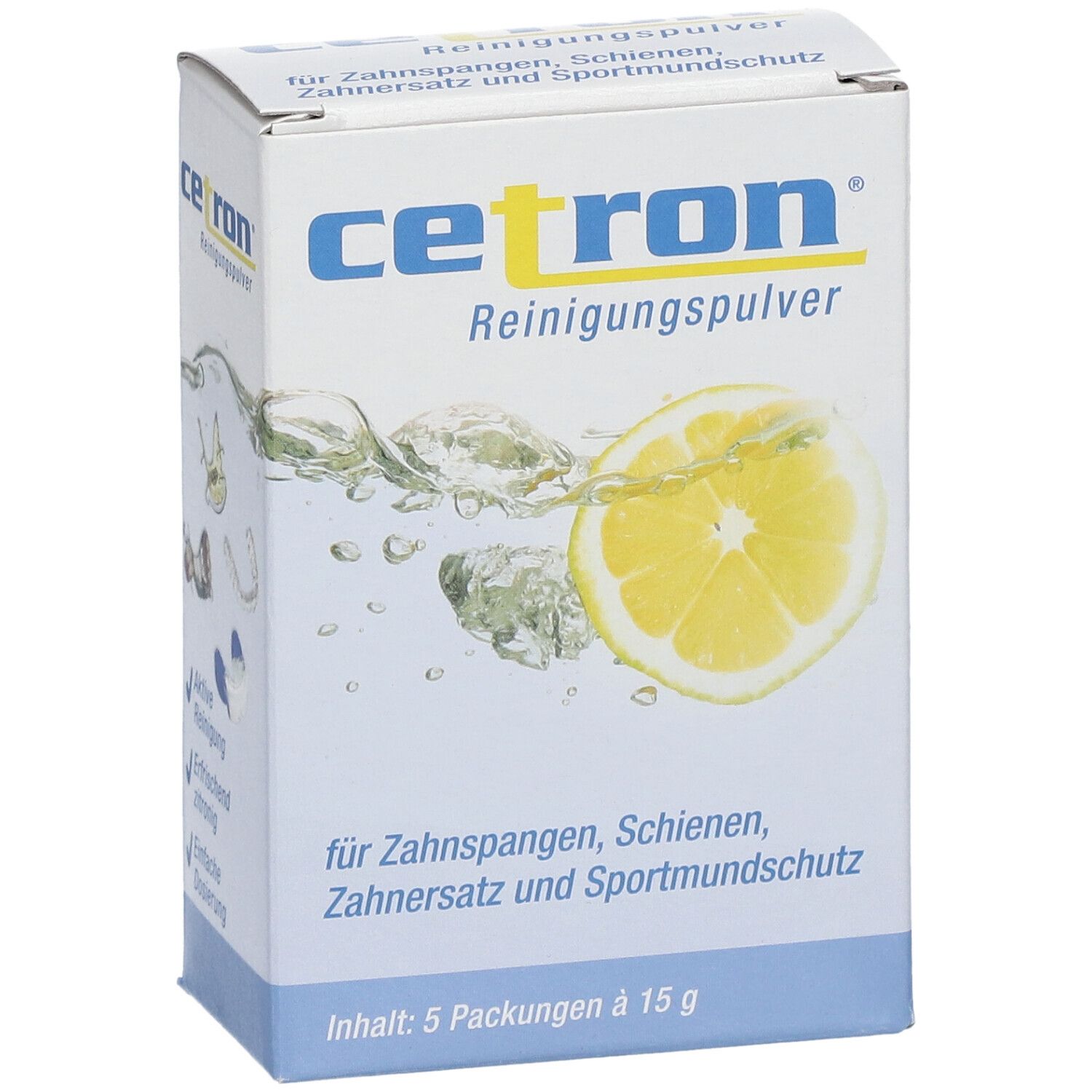 Emballage de poudre nettoyante Cetron avec tranche de citron et éclaboussures d'eau.