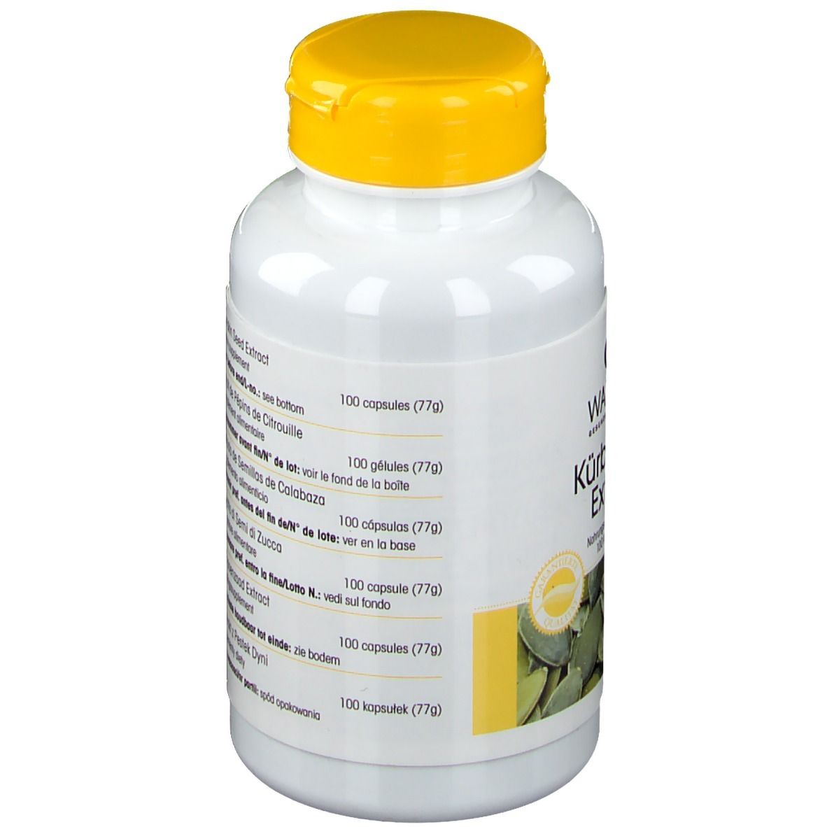 Dos du flacon blanc à bouchon jaune. Informations produit multilingues. 100 gélules (77g).