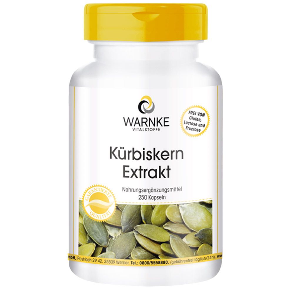 Flacon blanc à bouchon jaune. Inscription: WARNKE Kürbiskern Extrakt. 250 gélules. Sans gluten, lactose et fructose.