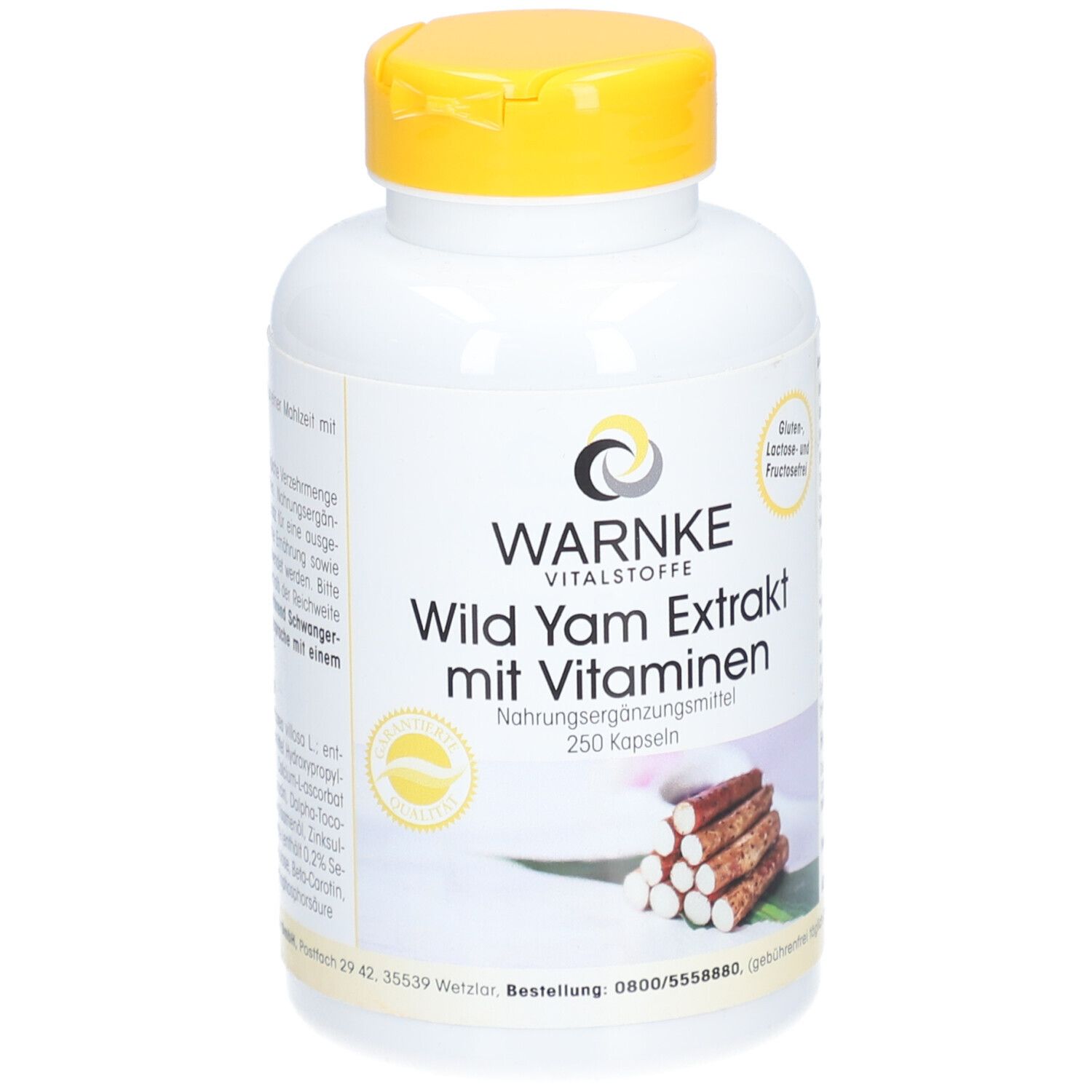Flacon blanc à bouchon jaune. Inscription: WARNKE Wild Yam Extrakt mit Vitaminen. 250 gélules.