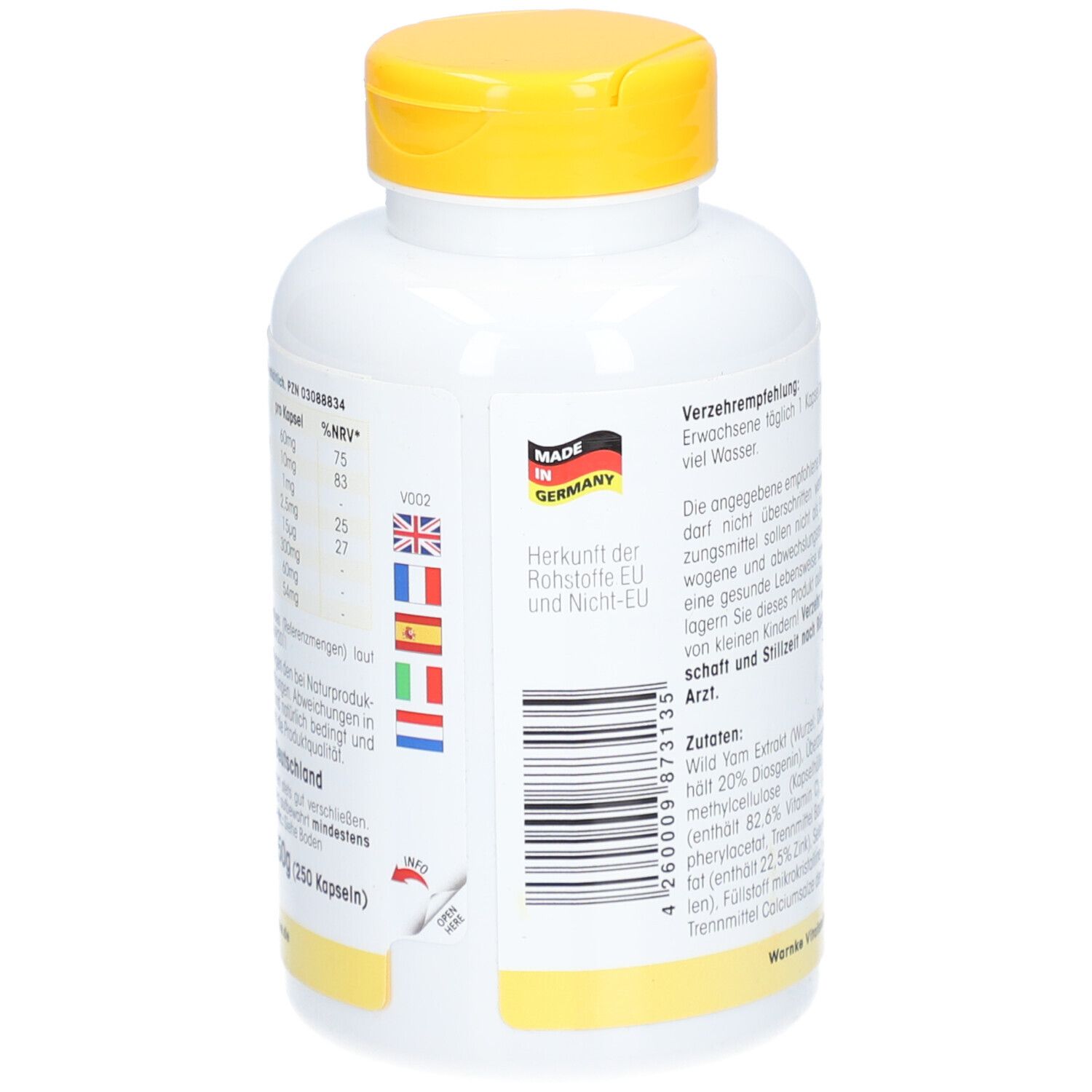 Dos du flacon. Texte, origine UE/Non-UE, Fabriqué en Allemagne. Bouchon jaune.