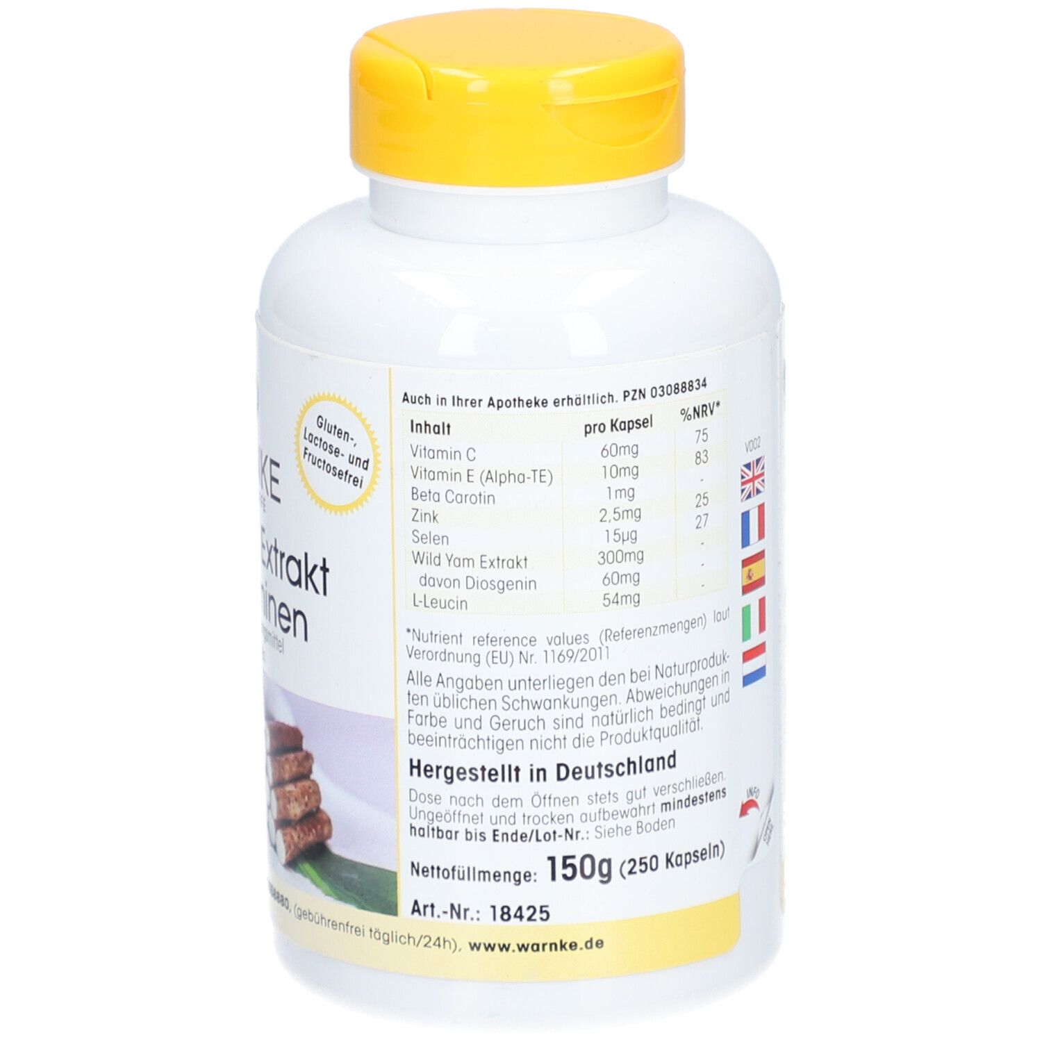 Dos du flacon. Ingrédients, informations nutritionnelles, Fabriqué en Allemagne. Bouchon jaune.