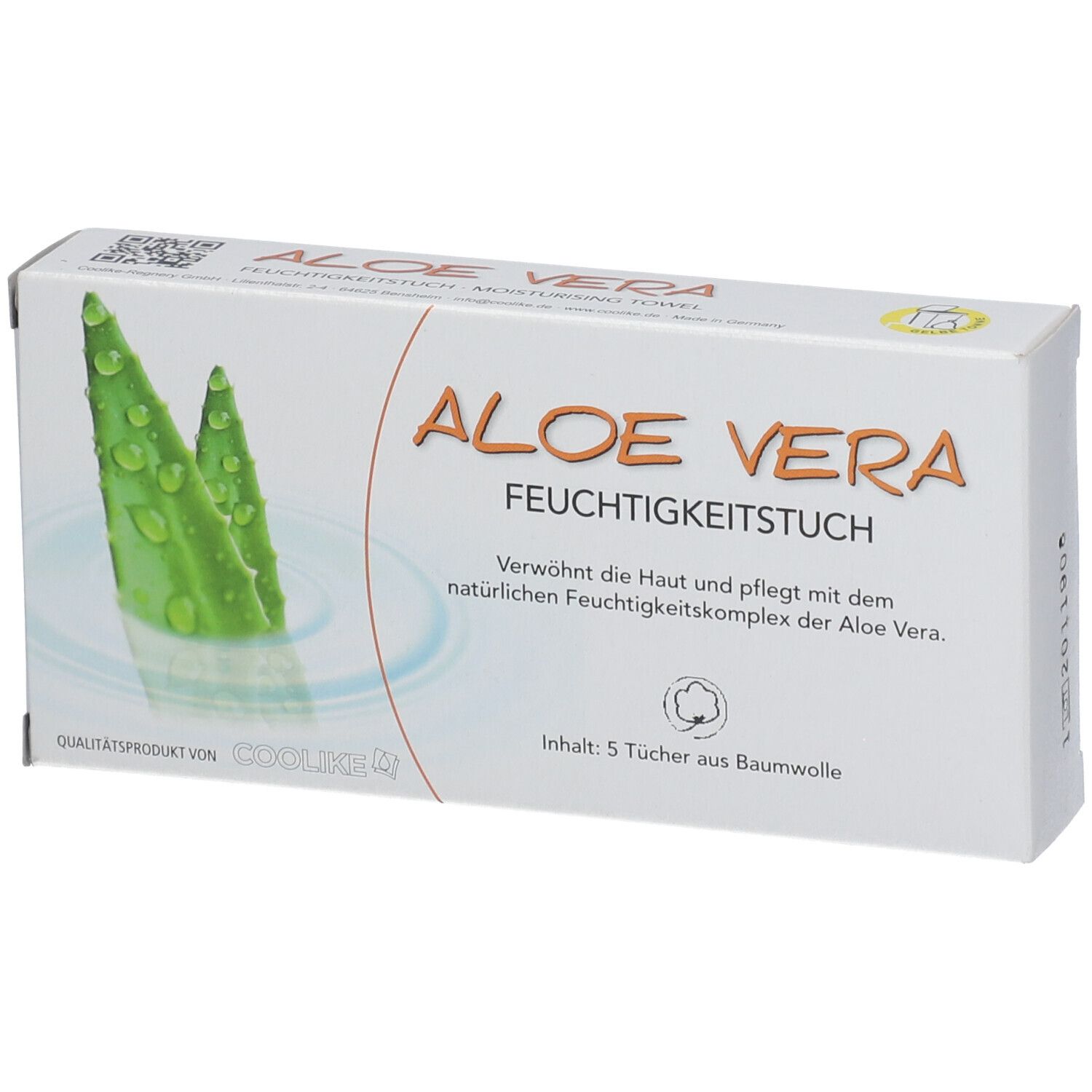 Boîte blanche avec inscription "ALOE VERA Feuchtigkeitstuch". Illustration de feuilles d'aloe vera. Contenu : 5 serviettes en coton.