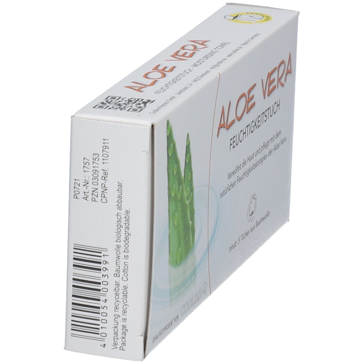 Boîte avec inscription "ALOE VERA" et "Feuchtigkeitstuch". Illustration de feuilles d'aloe vera. Emballage recyclable, biodégradable.