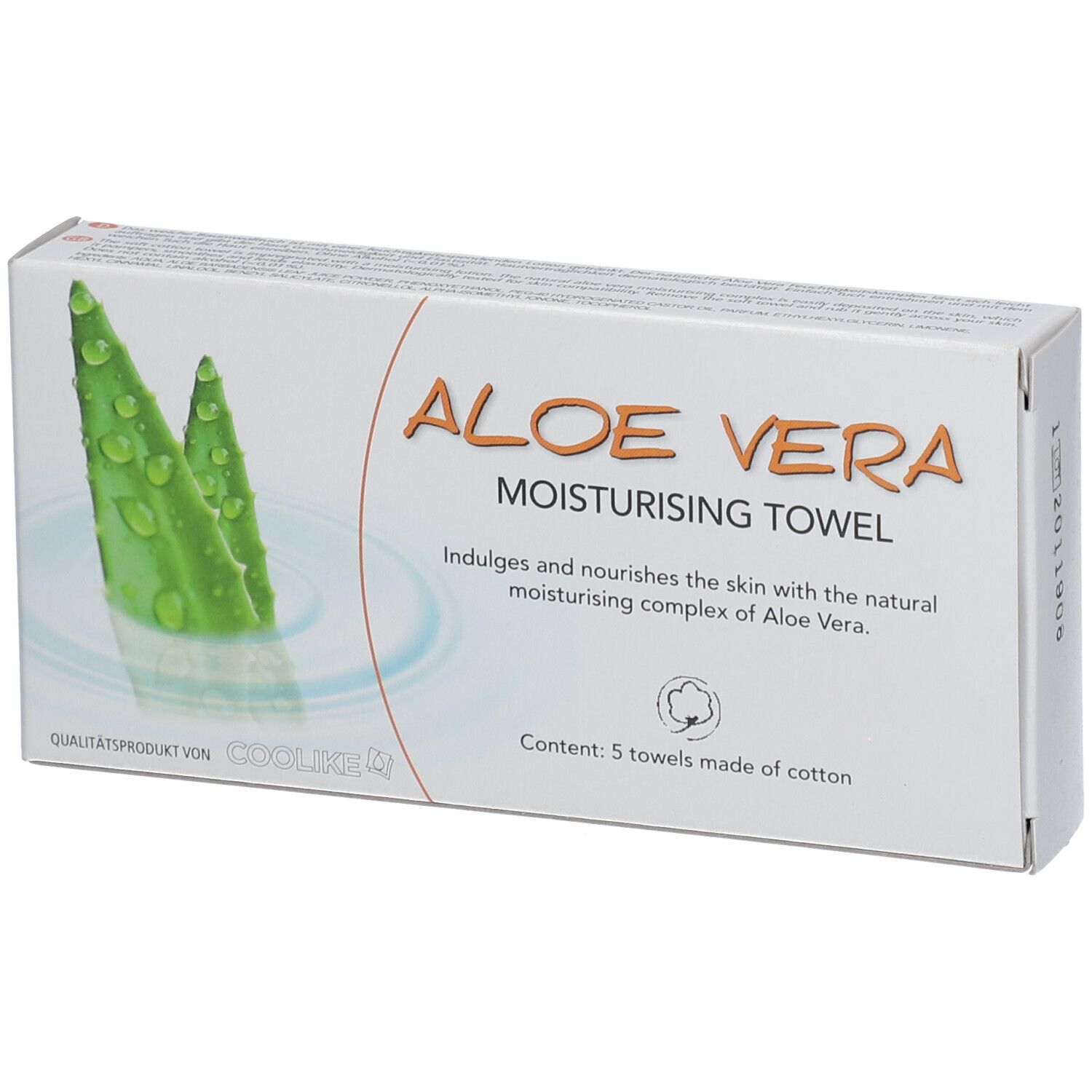 Boîte blanche avec inscription "ALOE VERA MOISTURISING TOWEL". Illustration de feuilles d'aloe vera. Contenu : 5 serviettes en coton.