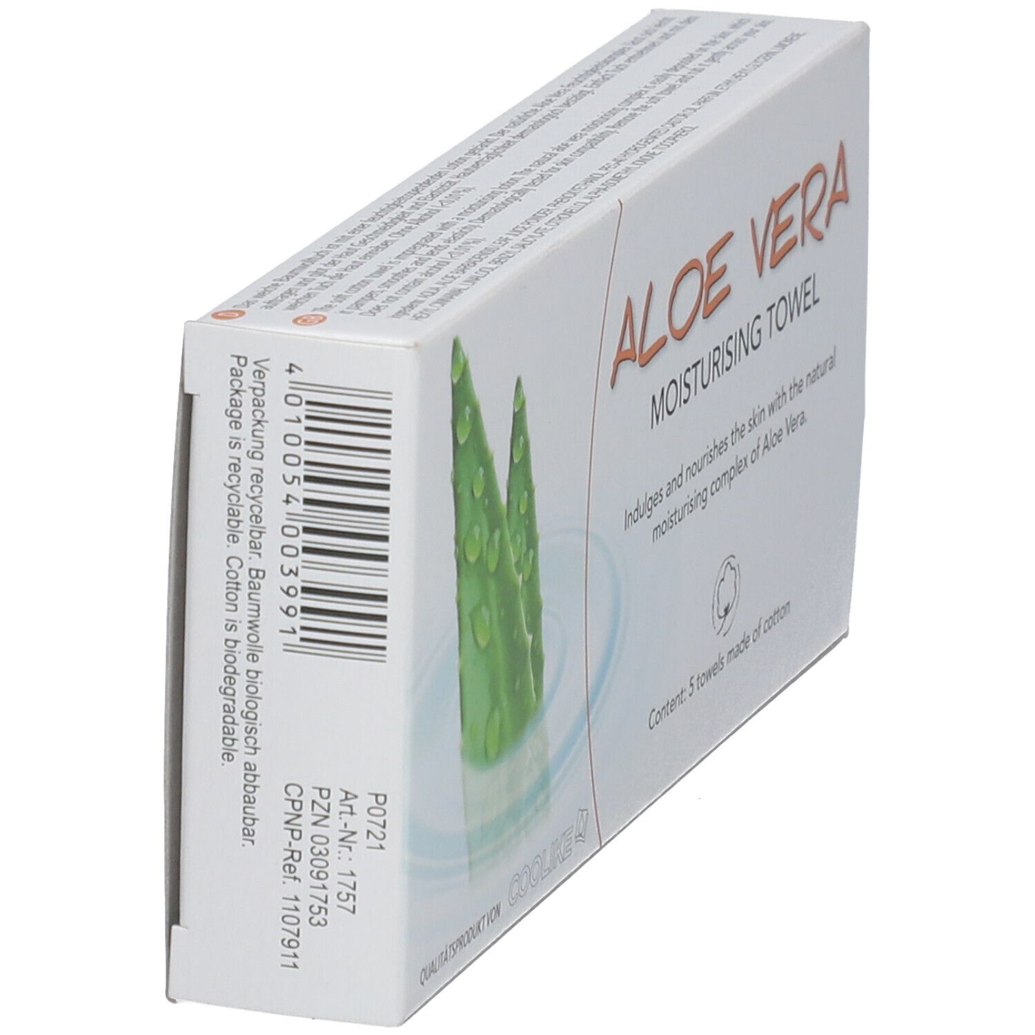 Boîte avec inscription "ALOE VERA MOISTURISING TOWEL". Illustration de feuilles d'aloe vera. Emballage recyclable, biodégradable.