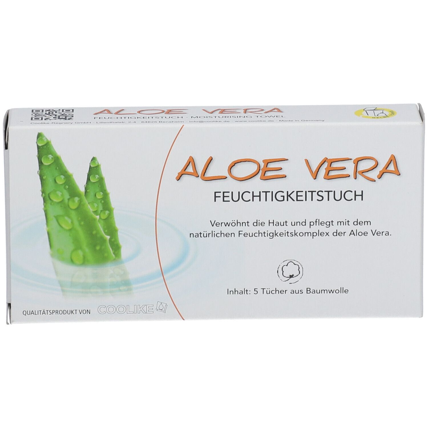 Boîte blanche avec inscription "ALOE VERA Feuchtigkeitstuch". Illustration de feuilles d'aloe vera. Contenu : 5 serviettes en coton.