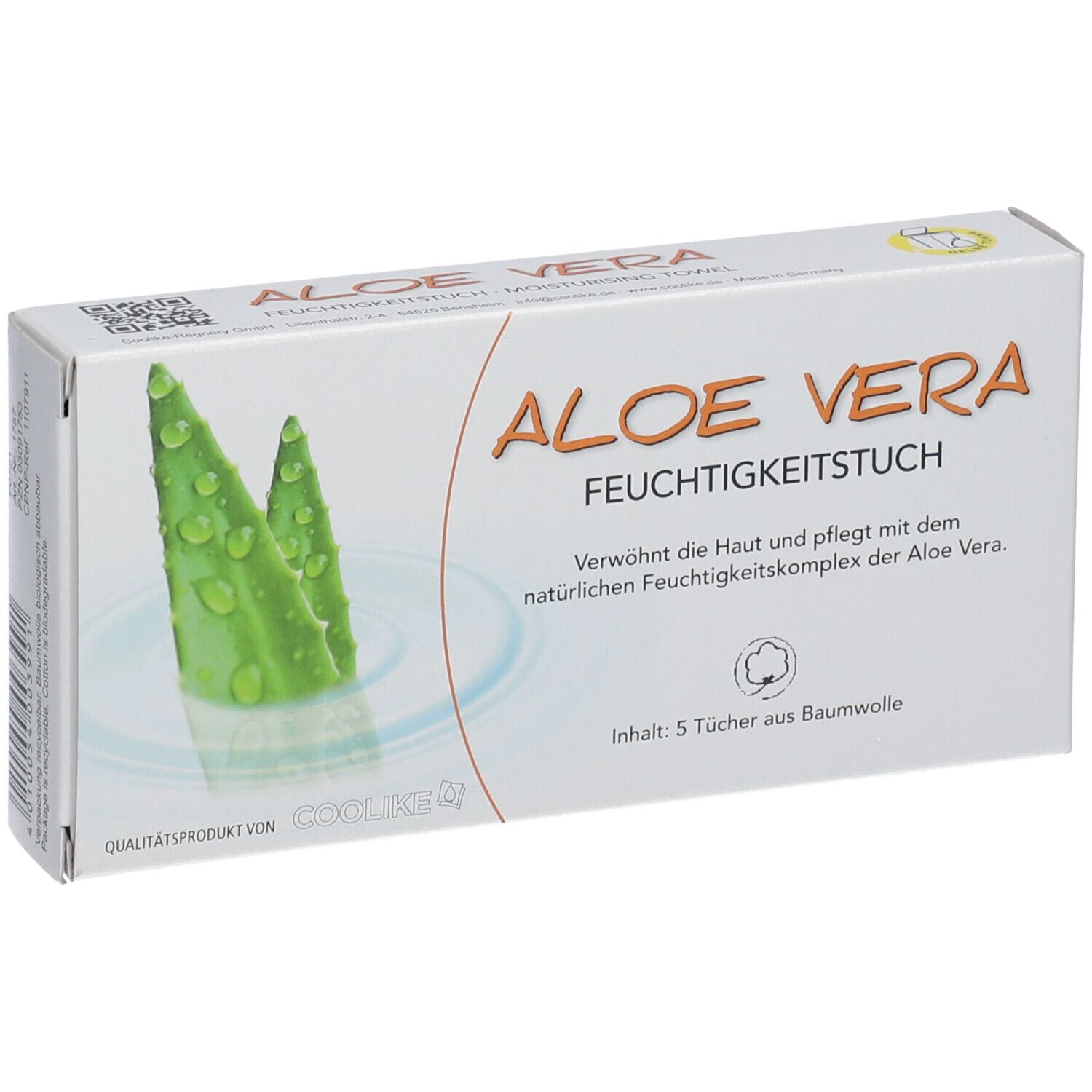 Boîte blanche avec inscription "ALOE VERA Feuchtigkeitstuch". Illustration de feuilles d'aloe vera. Contenu : 5 serviettes en coton.