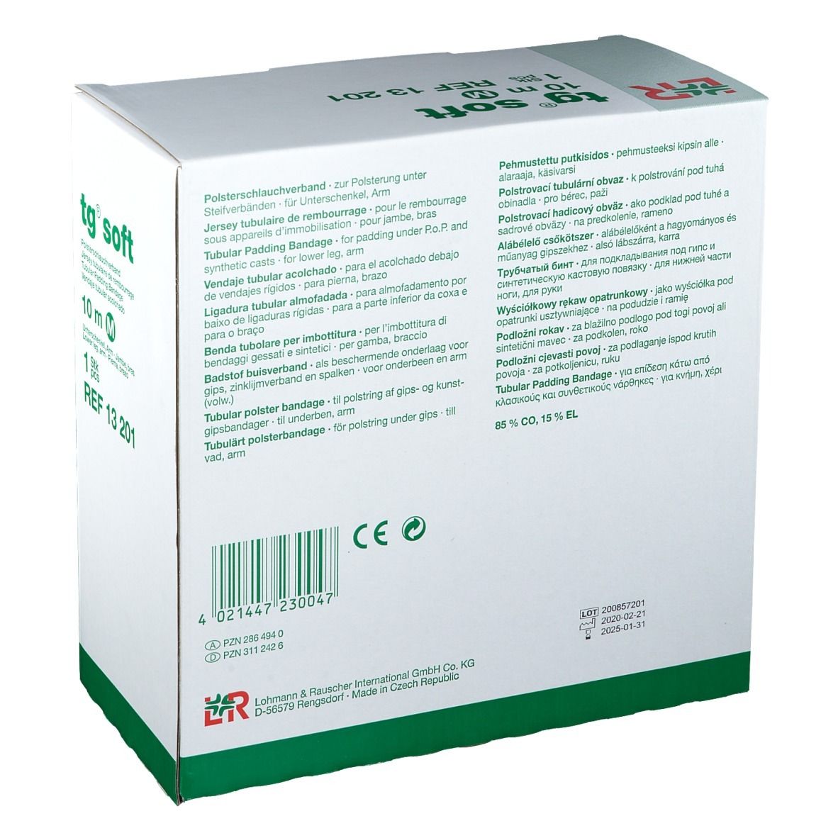 Dos de l'emballage tg® soft. Texte multilingue. Informations fabricant et marquage CE.
