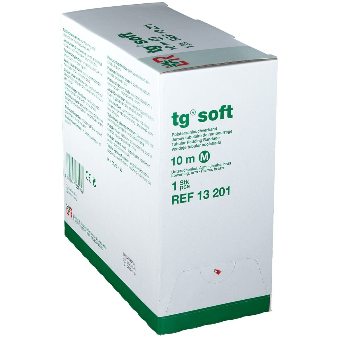 Emballage tg® soft en biais. Bandage tubulaire de rembourrage, 10 m, taille M. Logo et nom du produit.