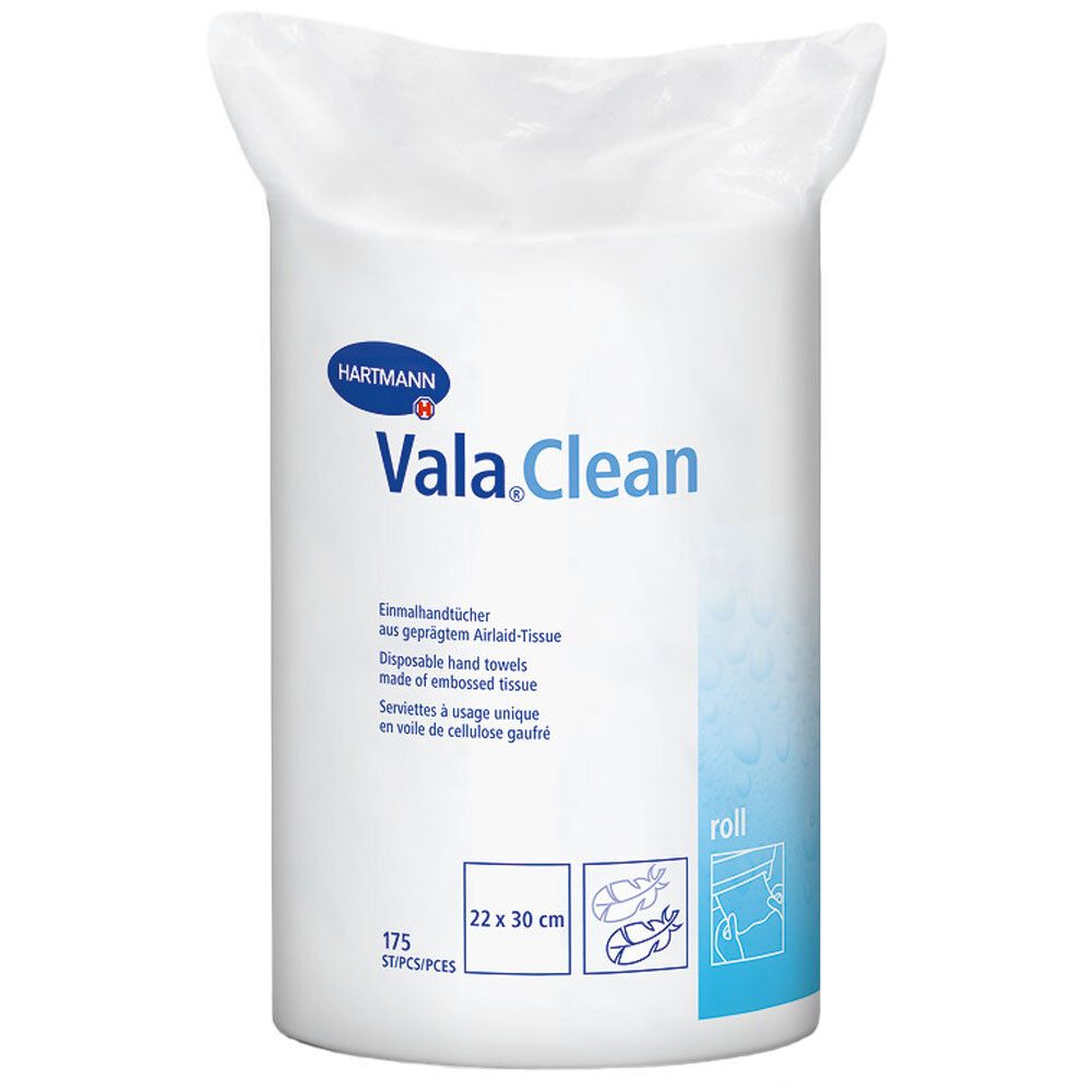 Emballage de serviettes jetables Vala.Clean. 175 pièces, 22 x 30 cm. Marque Hartmann. Impression: Airlaid-Tissue.
