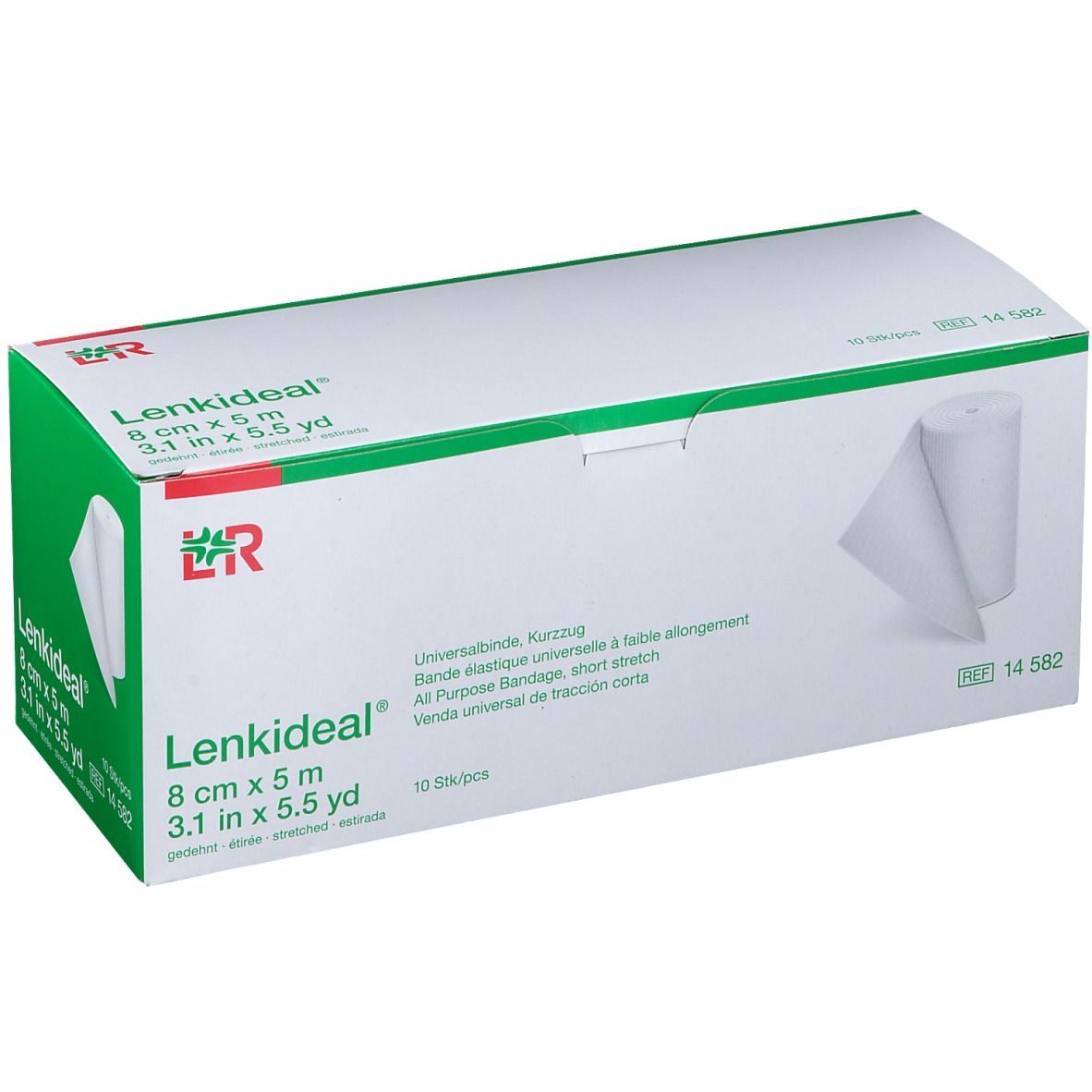 Boîte de Lenkideal® Idealbinde 8 cm x 5 m. Rouleau de bandage visible. Emballage vert et blanc avec informations produit.