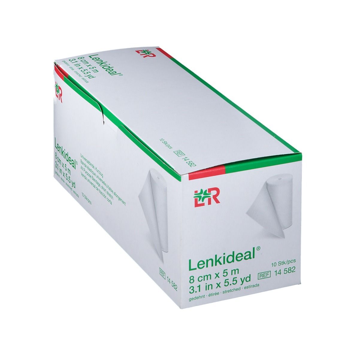 Boîte de Lenkideal® Idealbinde 8 cm x 5 m en biais. Rouleau de bandage visible. Emballage vert et blanc.