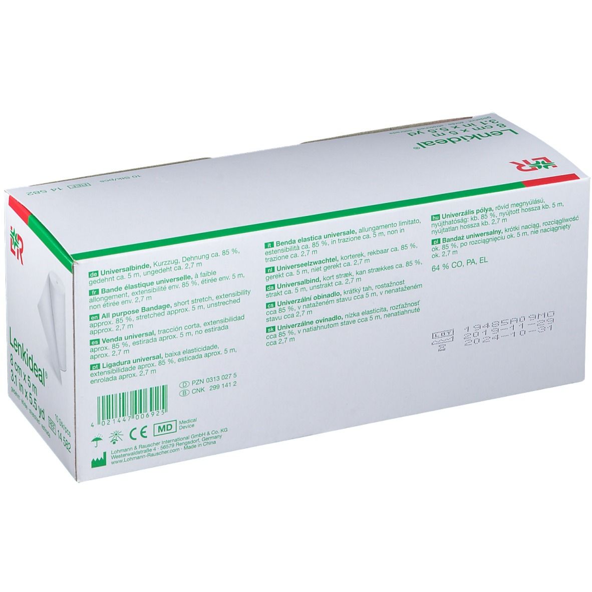 Dos de la boîte de Lenkideal® Idealbinde 8 cm x 5 m. Informations produit et certifications.