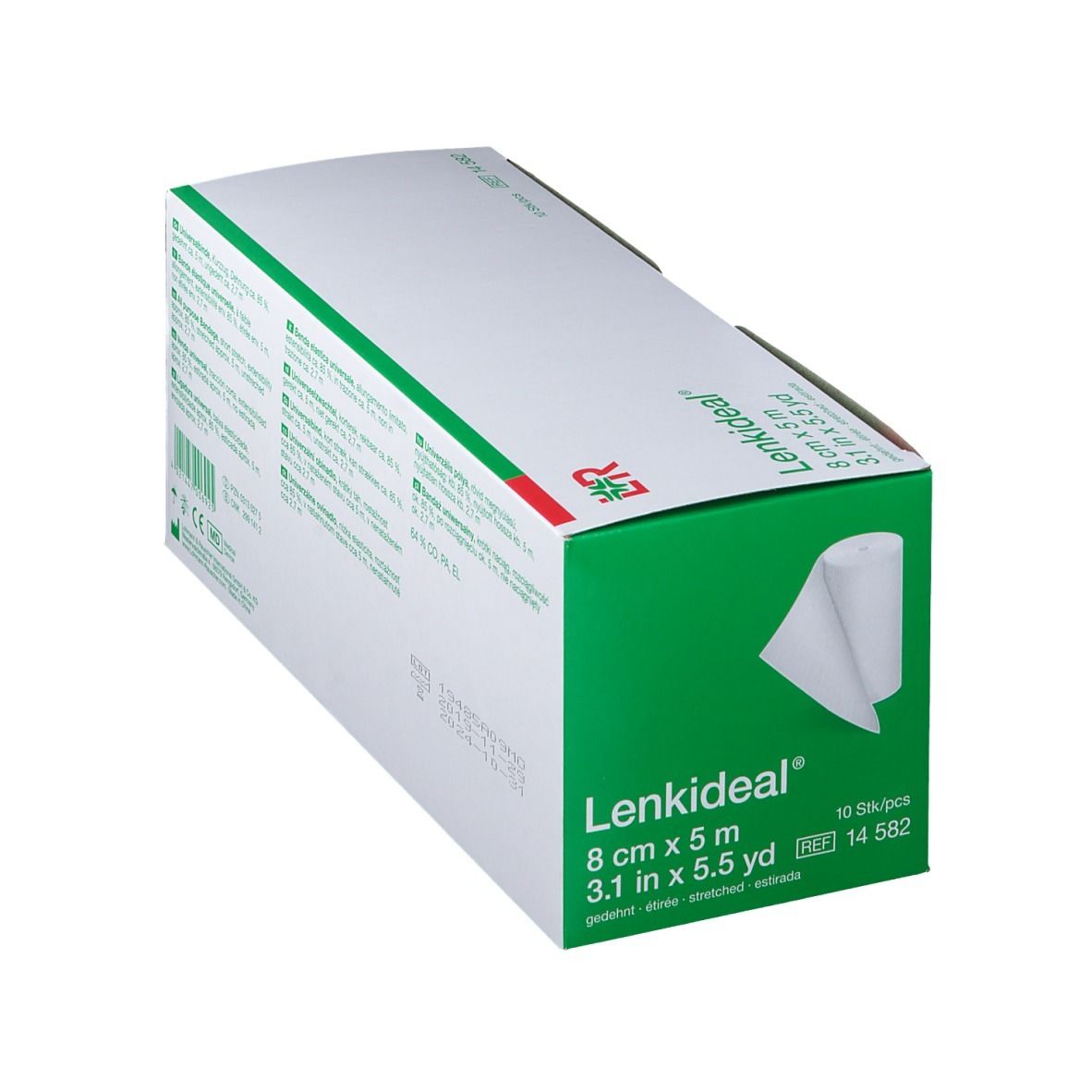 Boîte de Lenkideal® Idealbinde 8 cm x 5 m en biais. Rouleau de bandage visible. Emballage vert et blanc.