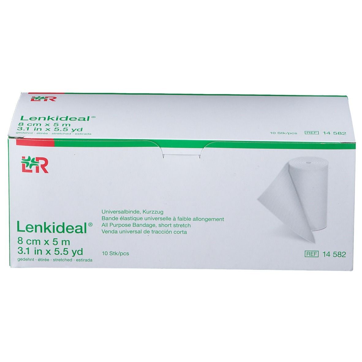 Boîte de Lenkideal® Idealbinde 8 cm x 5 m. Rouleau de bandage visible. Emballage vert et blanc avec informations produit.