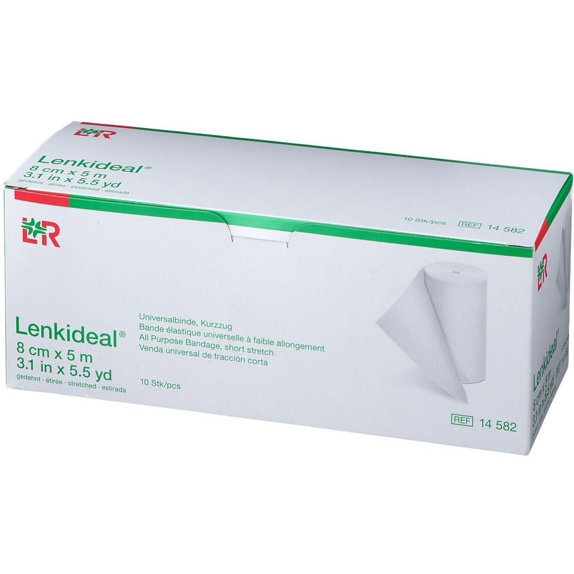 Boîte de Lenkideal® Idealbinde 8 cm x 5 m. Rouleau de bandage visible. Emballage vert et blanc avec informations produit.