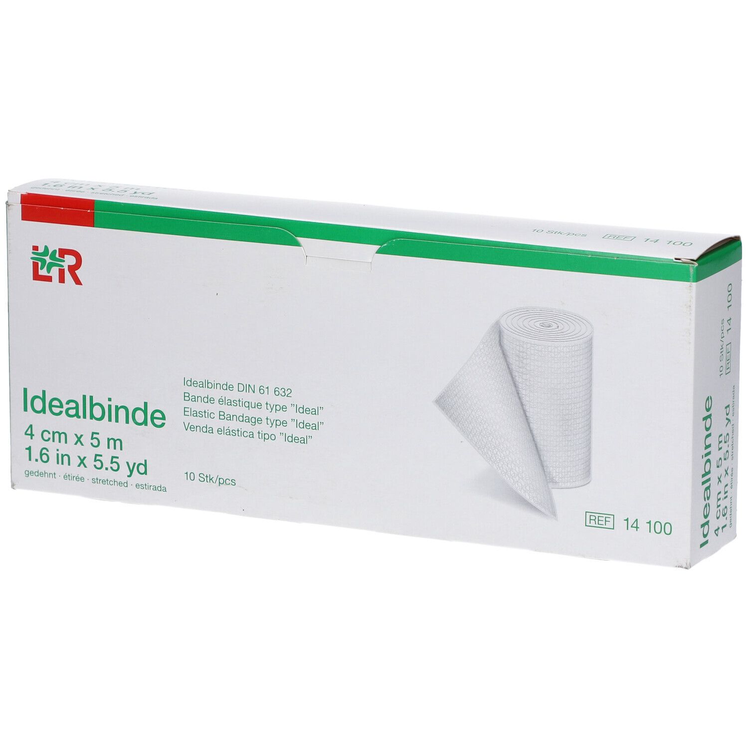 Boîte Idealbinde 4 cm x 5 m. Bandage élastique blanche, 10 pièces. Inscriptions : marque, taille, référence.