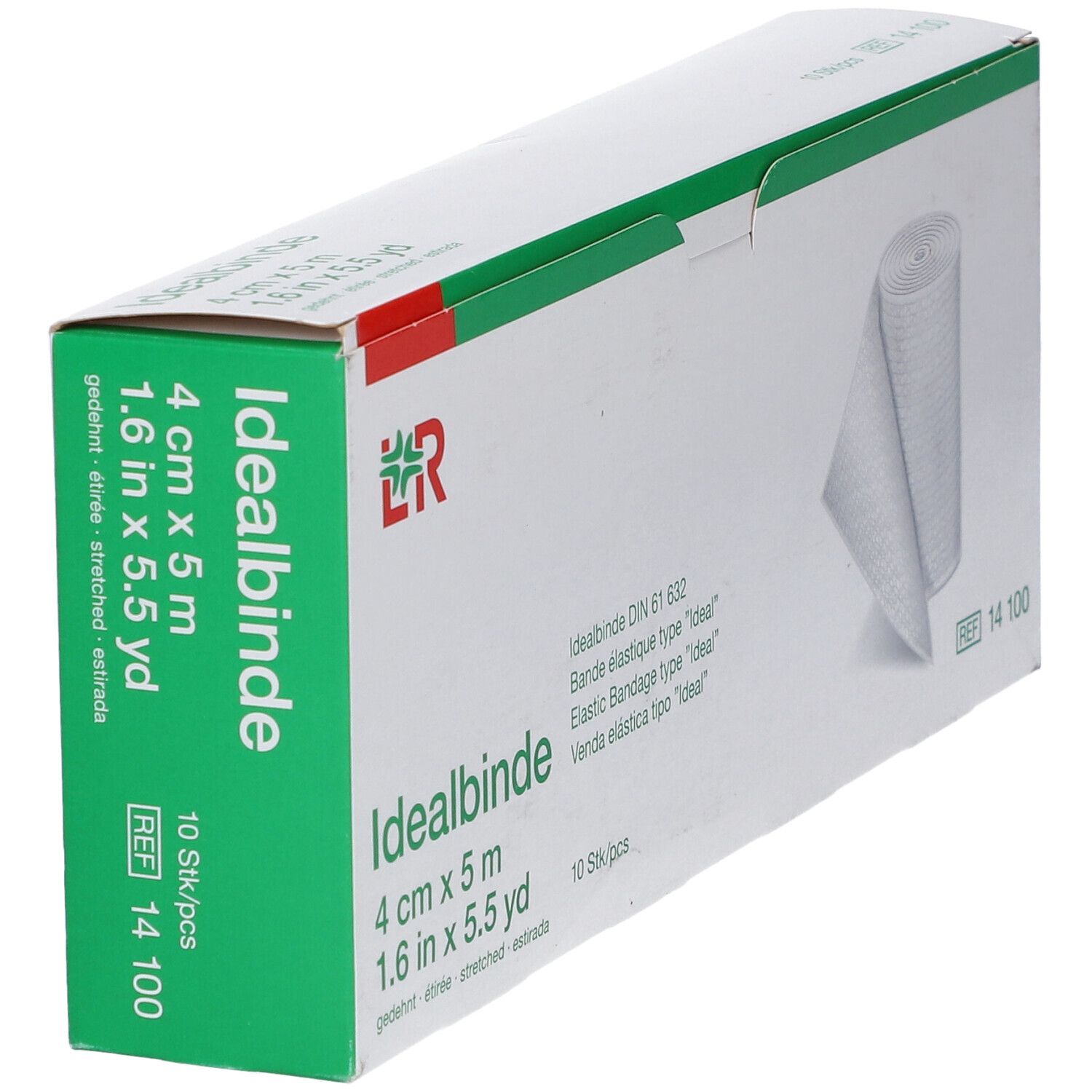 Boîte Idealbinde 4 cm x 5 m en biais. Boîte verte et blanche avec informations produit et logo.