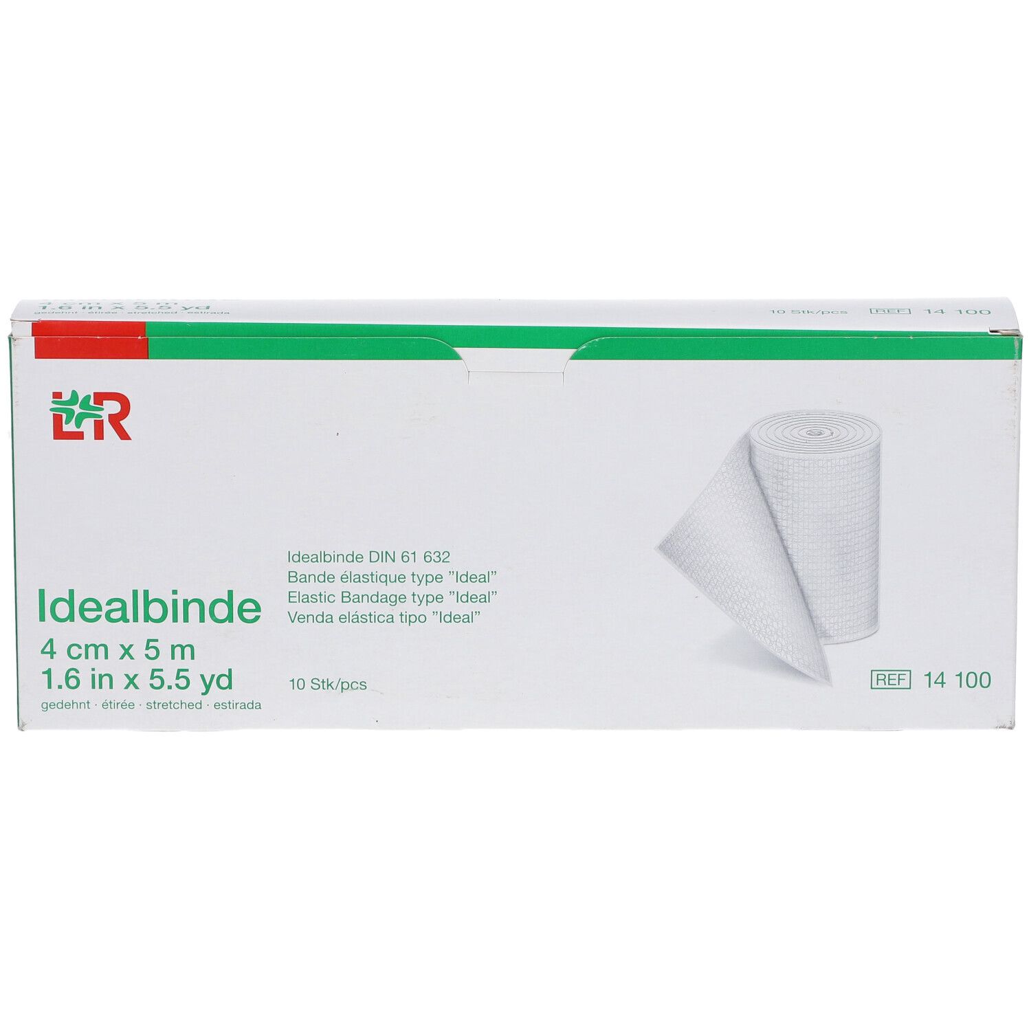 Boîte Idealbinde 4 cm x 5 m. Bandage élastique blanche, 10 pièces. Inscriptions : marque, taille, référence.