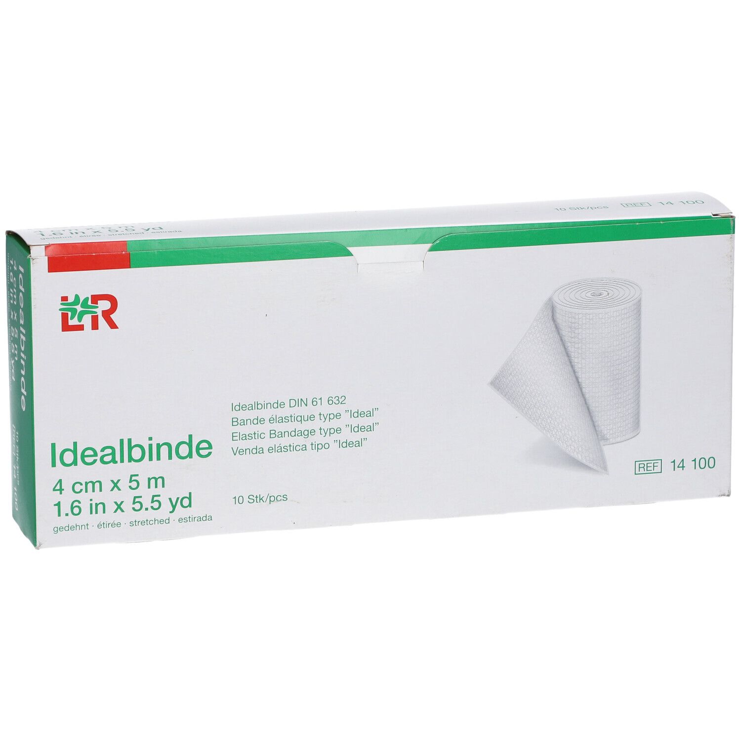 Boîte Idealbinde 4 cm x 5 m. Bandage élastique blanche, 10 pièces. Inscriptions : marque, taille, référence.