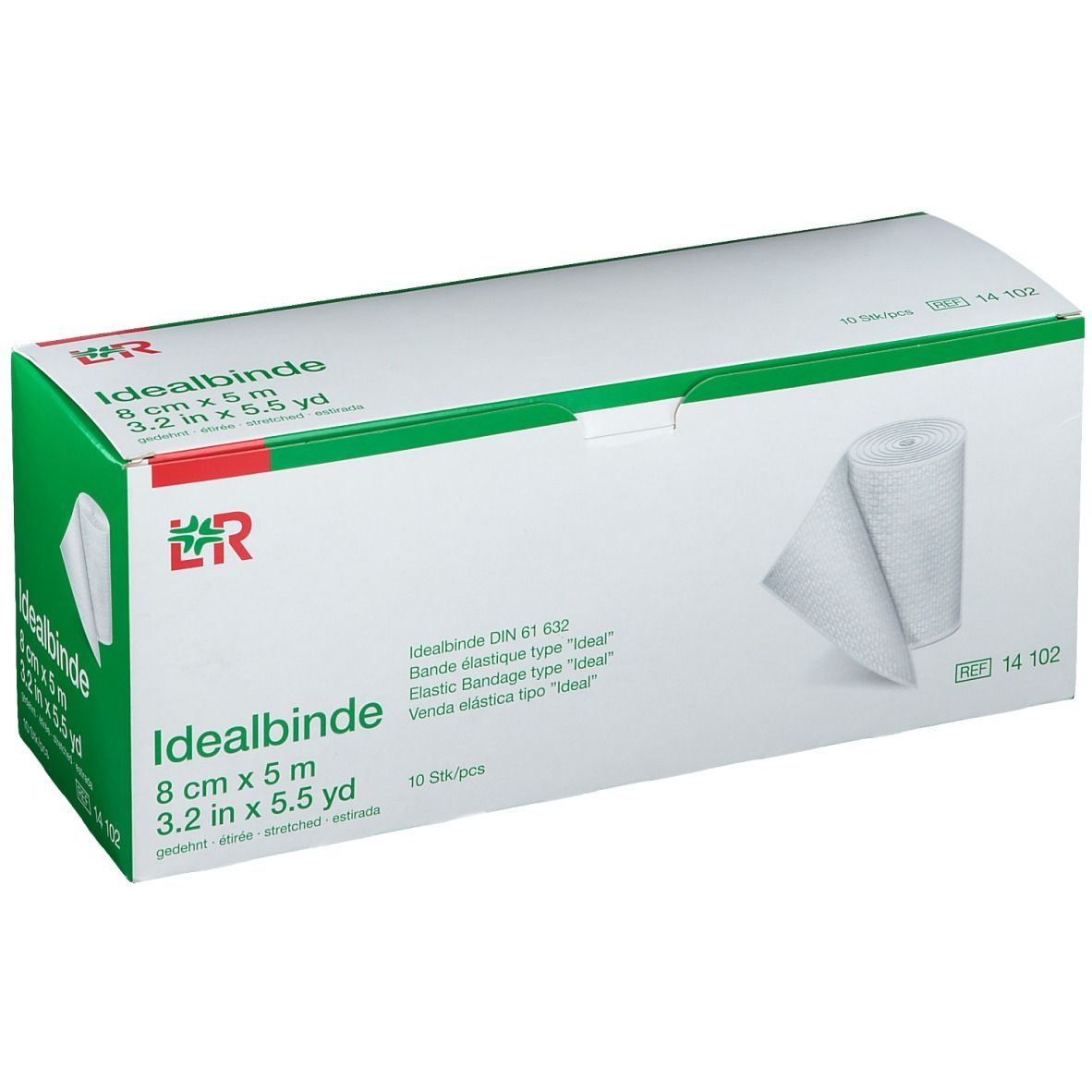 Boîte de Idealbinde® 8 cm x 5 m. Rouleau de bandage visible. Boîte verte et blanche avec informations produit.