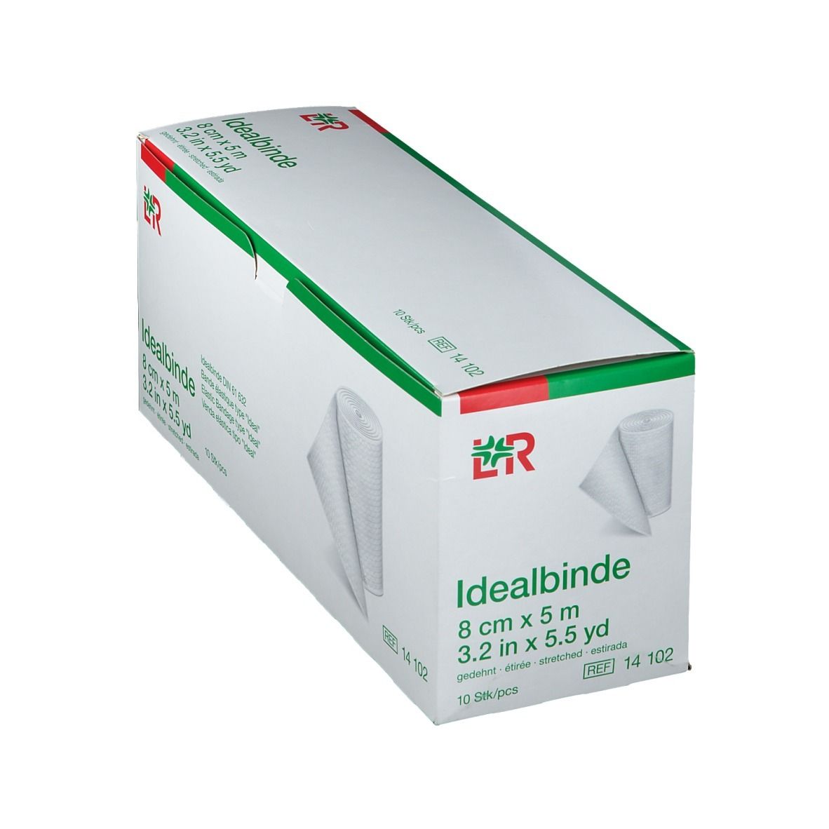 Emballage Idealbinde® 8 cm x 5 m. Boîte avec un rouleau de bandage. Emballage vert et blanc avec informations.