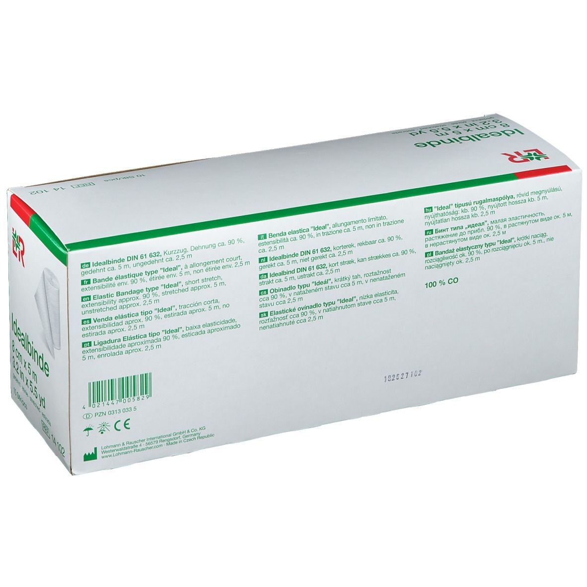 Dos de l'emballage Idealbinde® 8 cm x 5 m. Informations produit et code-barres sur fond blanc.