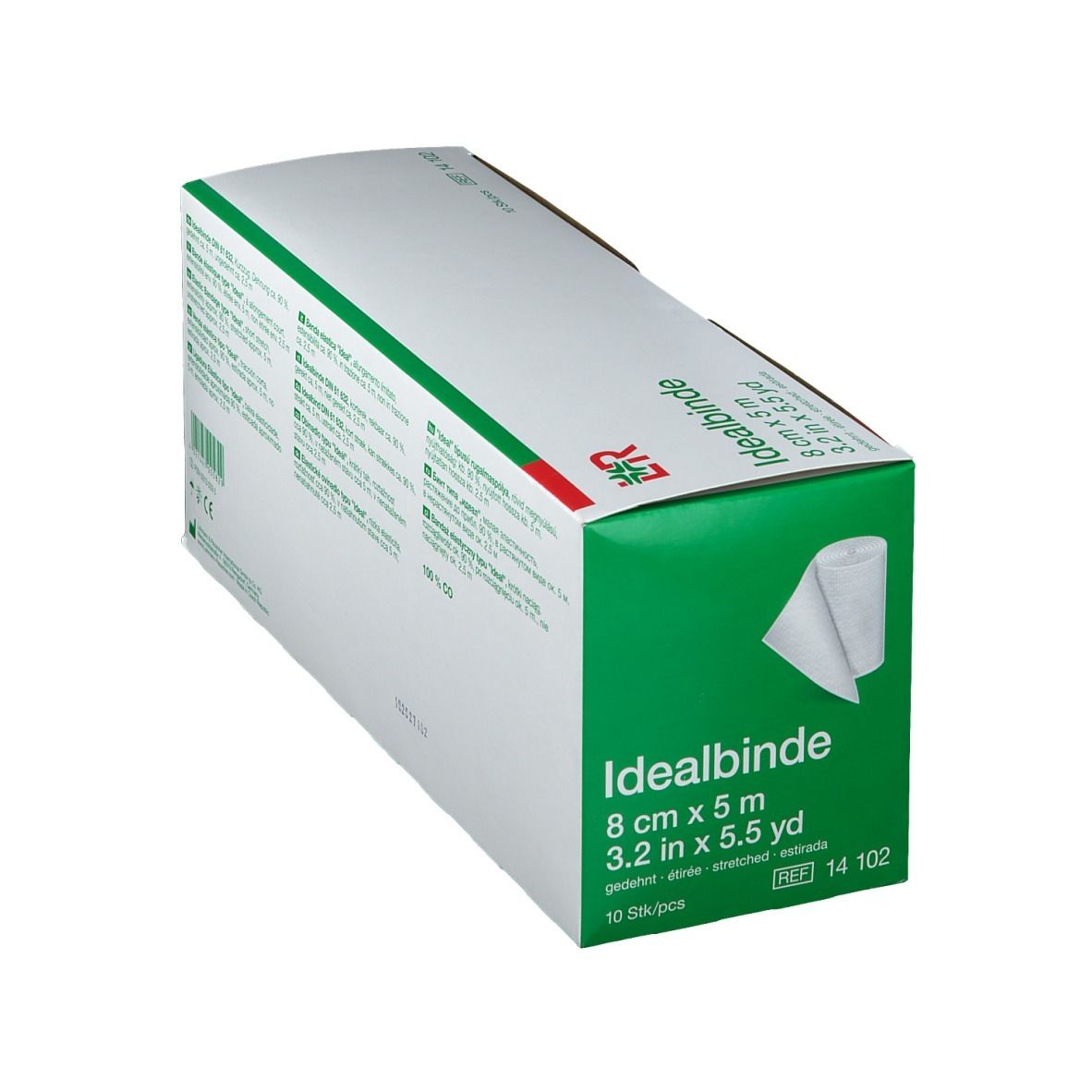 Emballage Idealbinde® 8 cm x 5 m. Boîte avec un rouleau de bandage. Emballage vert et blanc avec informations.