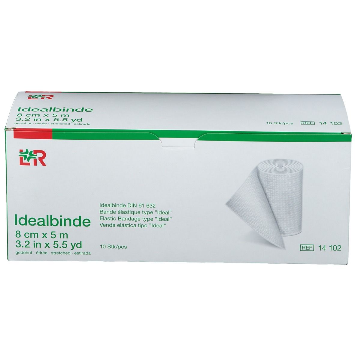 Emballage Idealbinde® 8 cm x 5 m. Boîte avec un rouleau de bandage. Emballage vert et blanc avec informations.