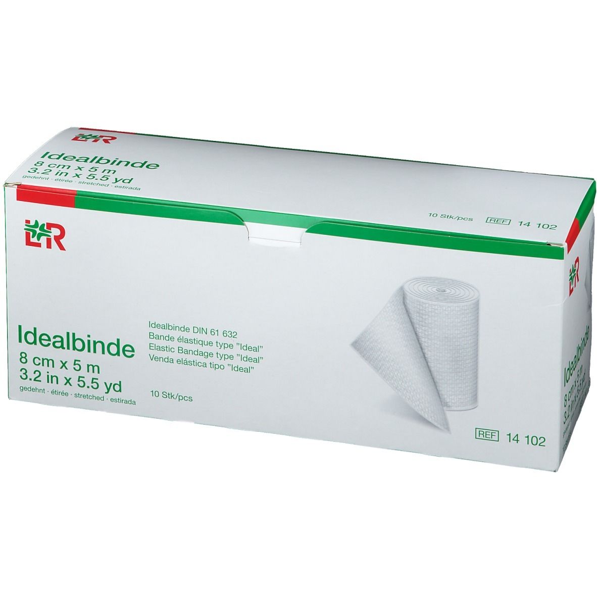 Emballage Idealbinde® 8 cm x 5 m. Boîte avec un rouleau de bandage. Emballage vert et blanc avec informations.
