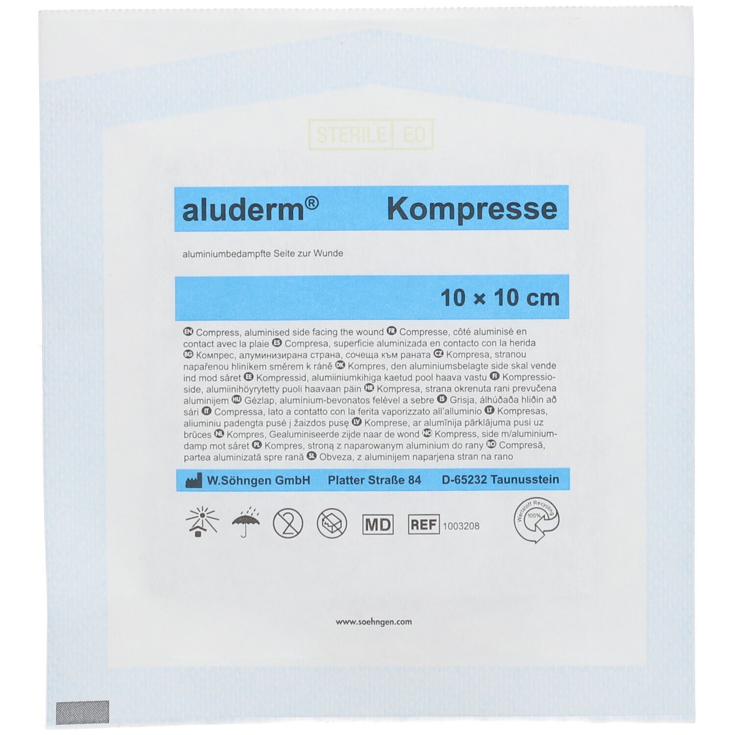 Emballage de compresse. Texte: aluderm Kompresse, 10 x 10 cm. Côté aluminisé vers la plaie. Emballage stérile avec pictogrammes.
