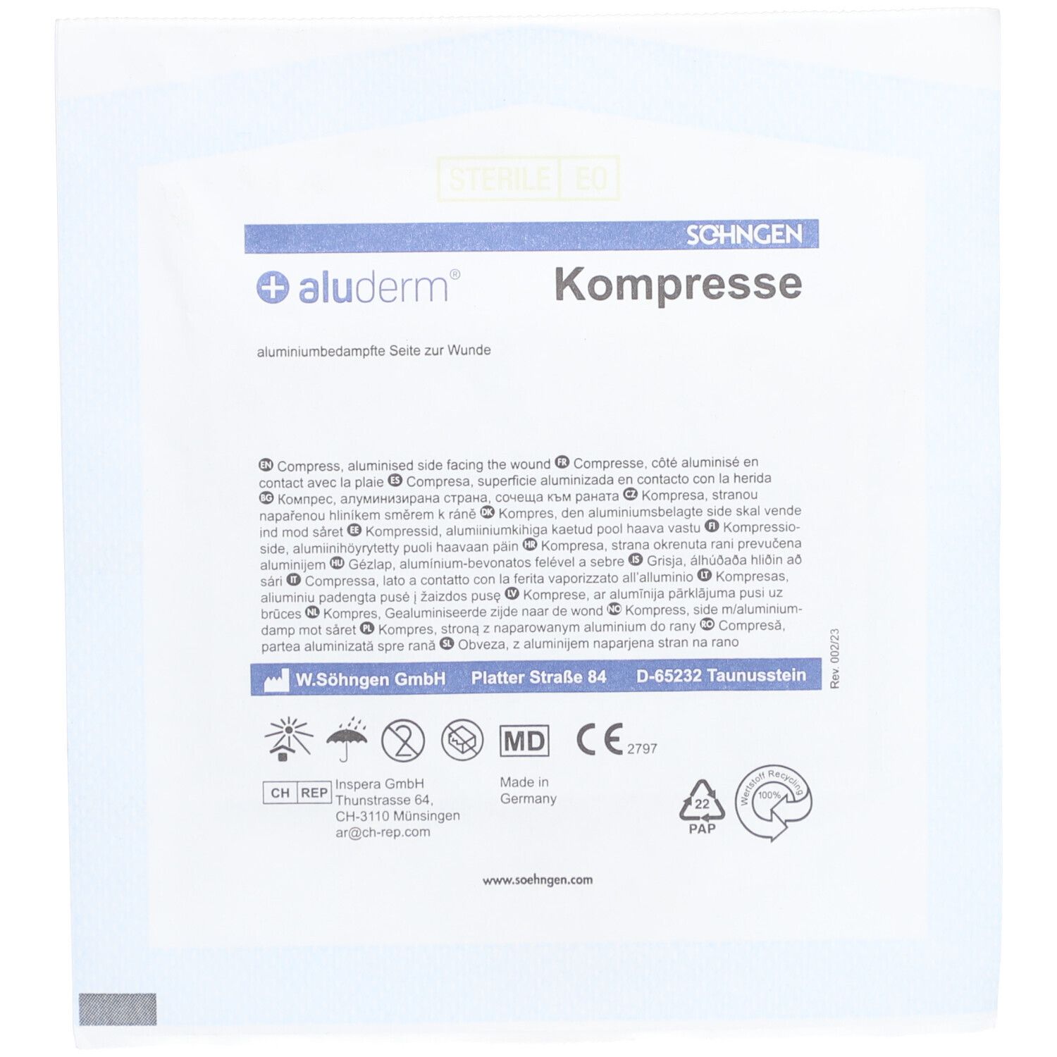 Emballage d'une compresse aluderm avec indication de taille et informations du fabricant.