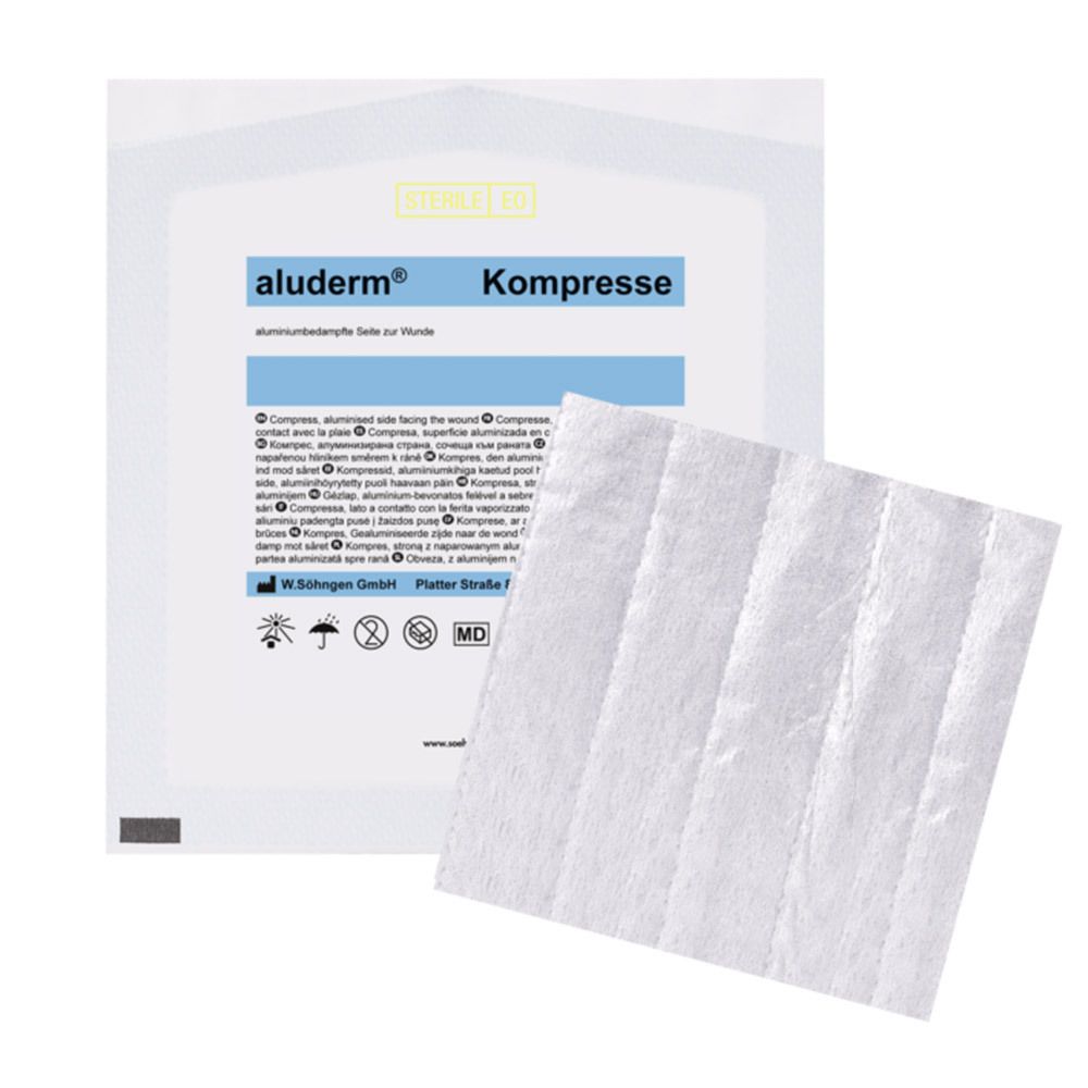 Emballage et compresse. Paquet "aluderm® Kompresse". Compresse blanche avec coutures parallèles.