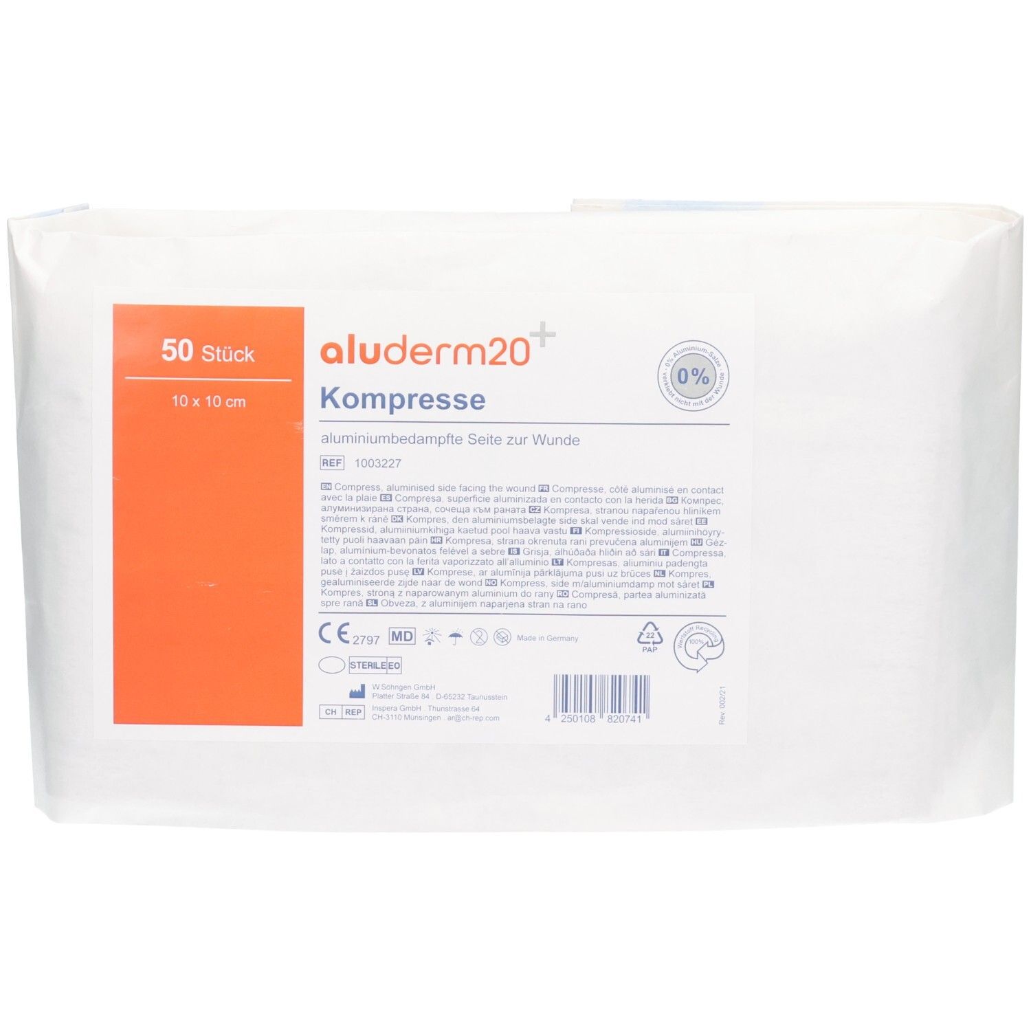 Emballage de compresses. Inscription : aluderm®, Compresse, 10 x 10 cm, 50 pcs. Dispositif médical.