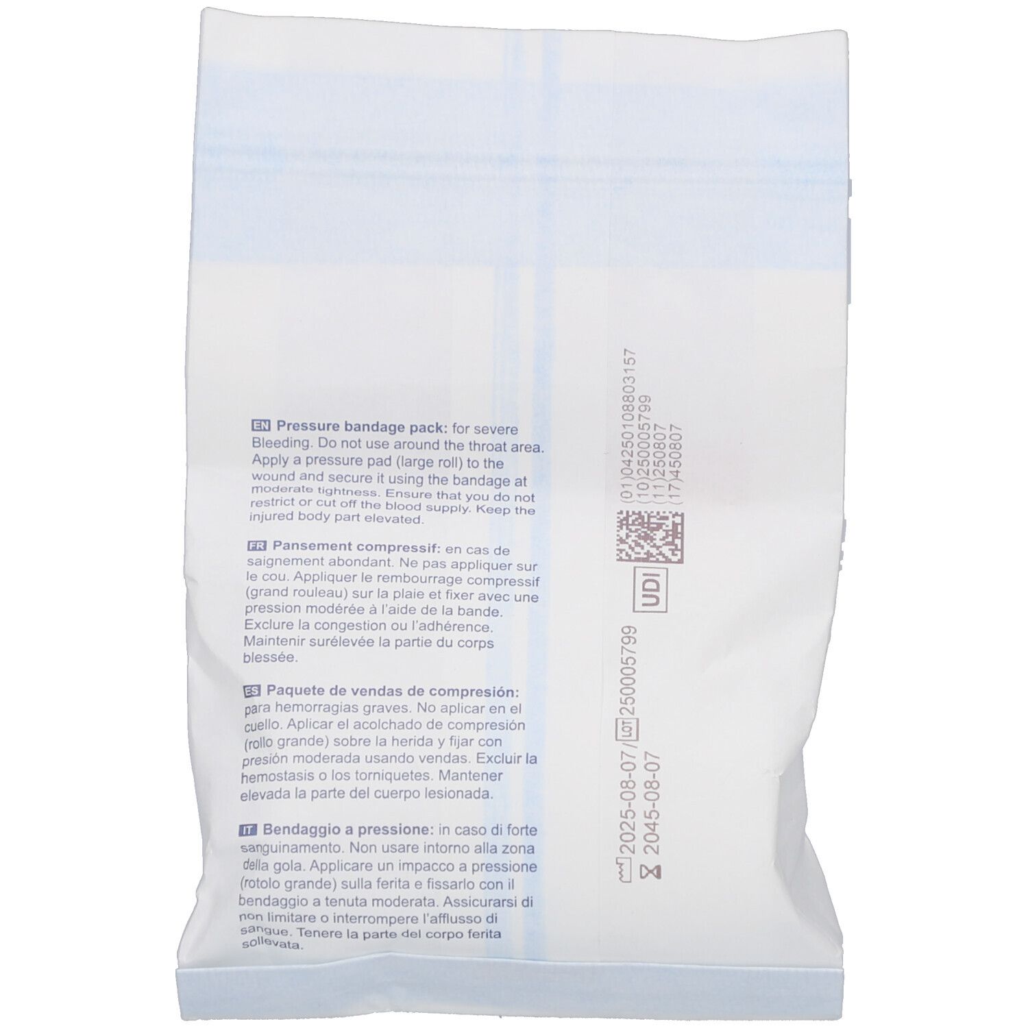 Paquet de pansement compressif blanc en sachet. Bandes bleues et texte. Logo stérile.