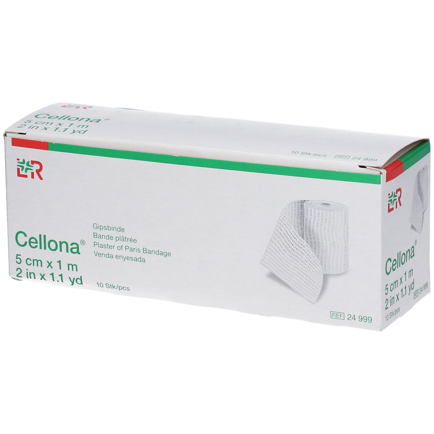 Boîte de Cellona Gipsbinde. Emballage blanc et vert avec informations produit et bandage roulé. 5 cm x 1 m.