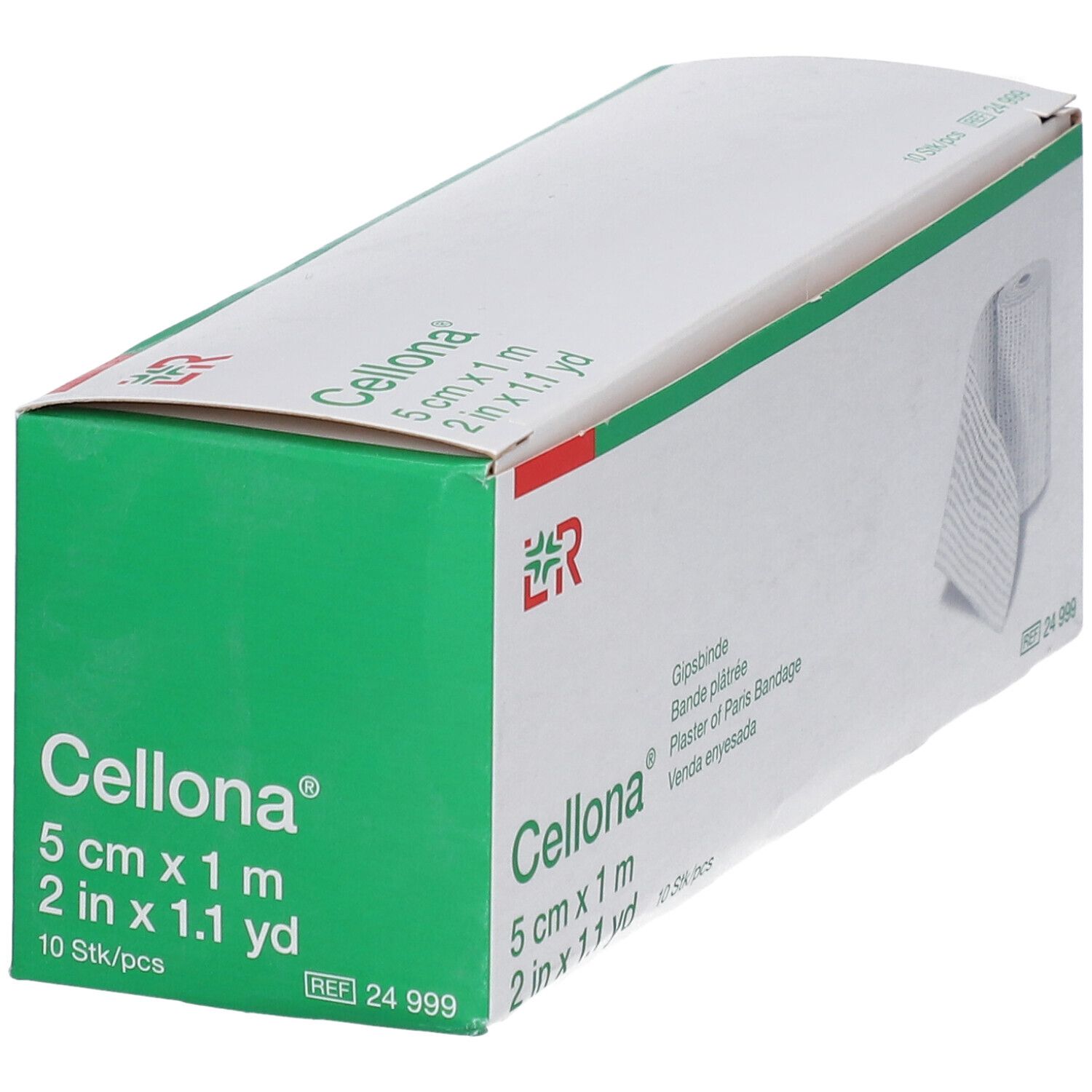 Boîte Cellona Gipsbinde. Boîte verte et blanche avec informations produit. Imprimé: 5 cm x 1 m, 10 pcs.