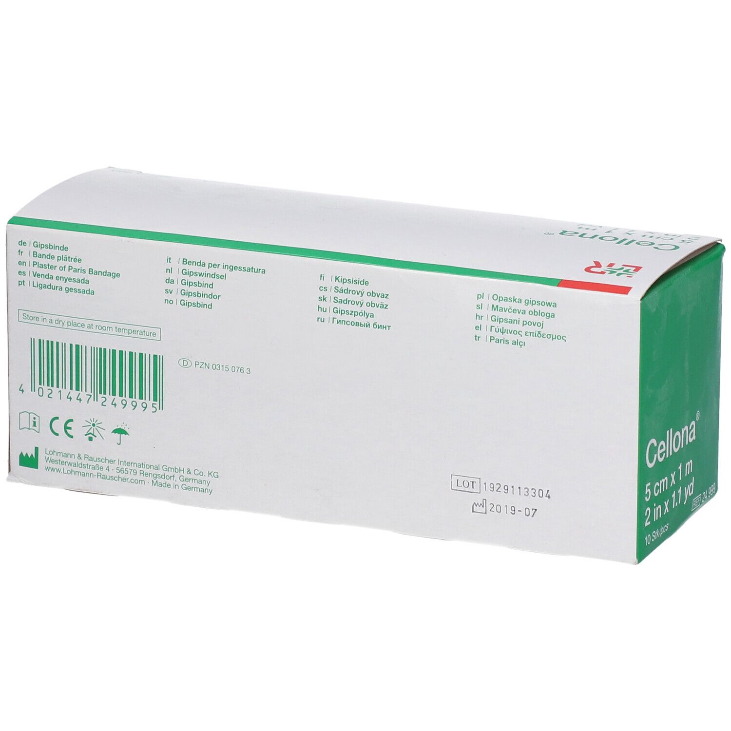 Dos de la boîte Cellona Gipsbinde. Informations produit multilingues. Code-barres et numéro de lot.