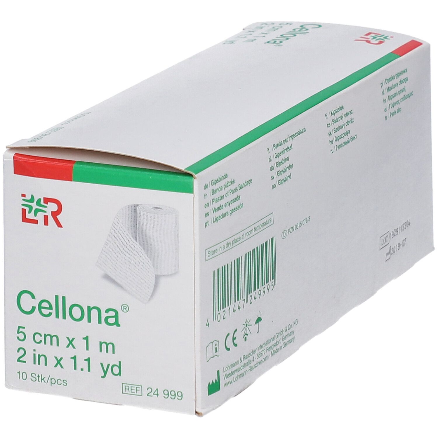 Boîte Cellona Gipsbinde. Boîte blanche et verte avec informations produit et bandage roulé. 5 cm x 1 m.