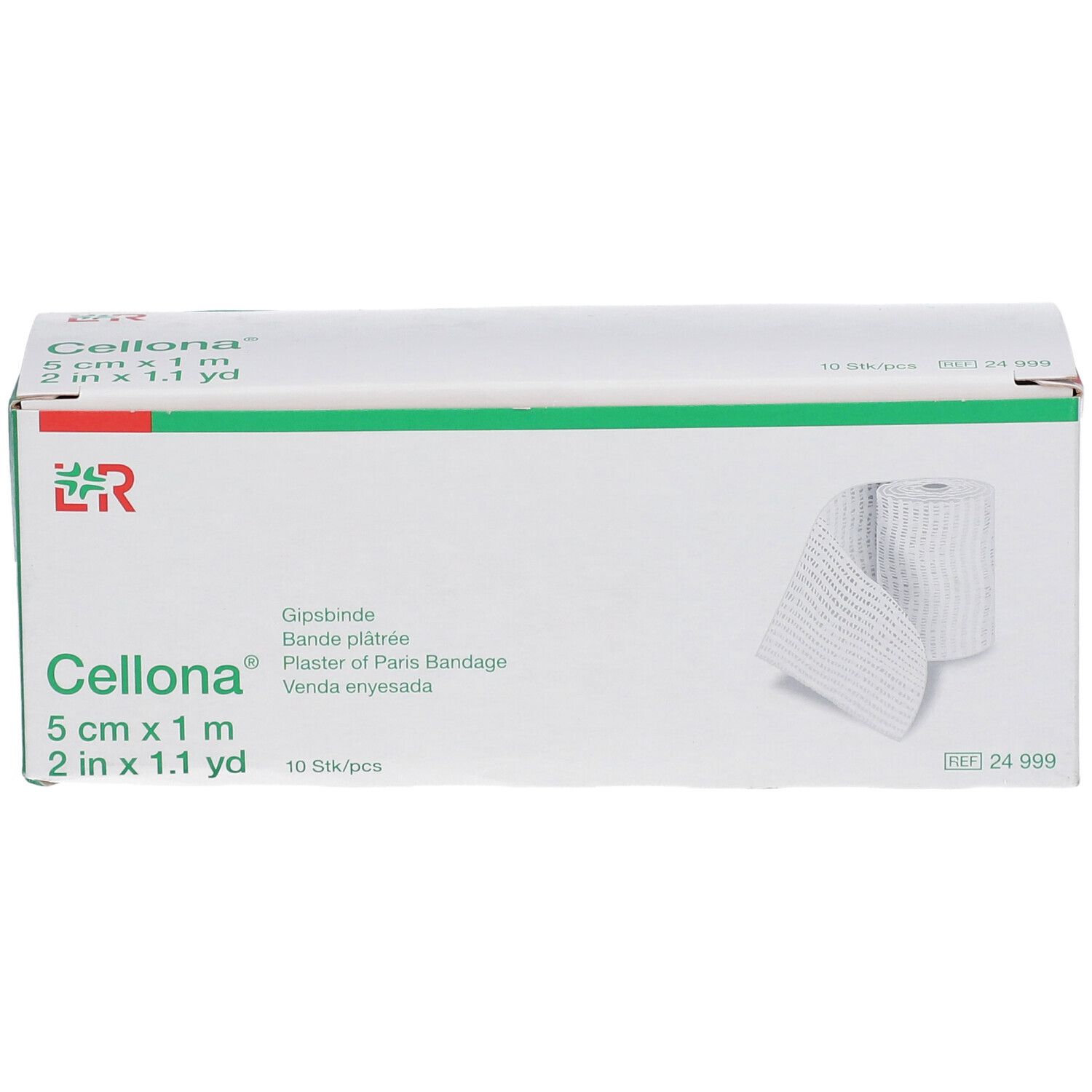 Boîte Cellona Gipsbinde. Boîte blanche et verte avec informations produit et bandage roulé. 5 cm x 1 m.