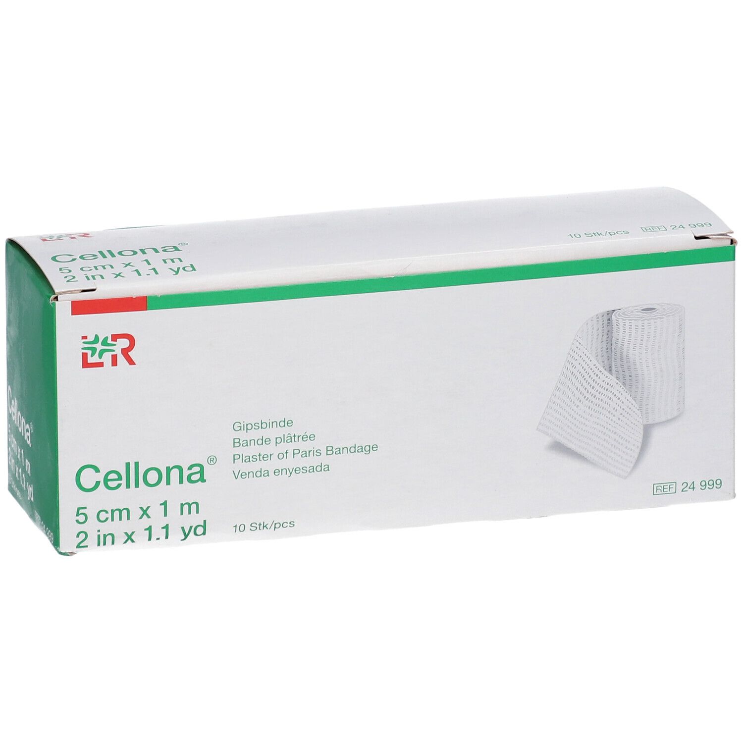 Boîte Cellona Gipsbinde. Boîte blanche et verte avec informations produit et bandage roulé. 5 cm x 1 m.