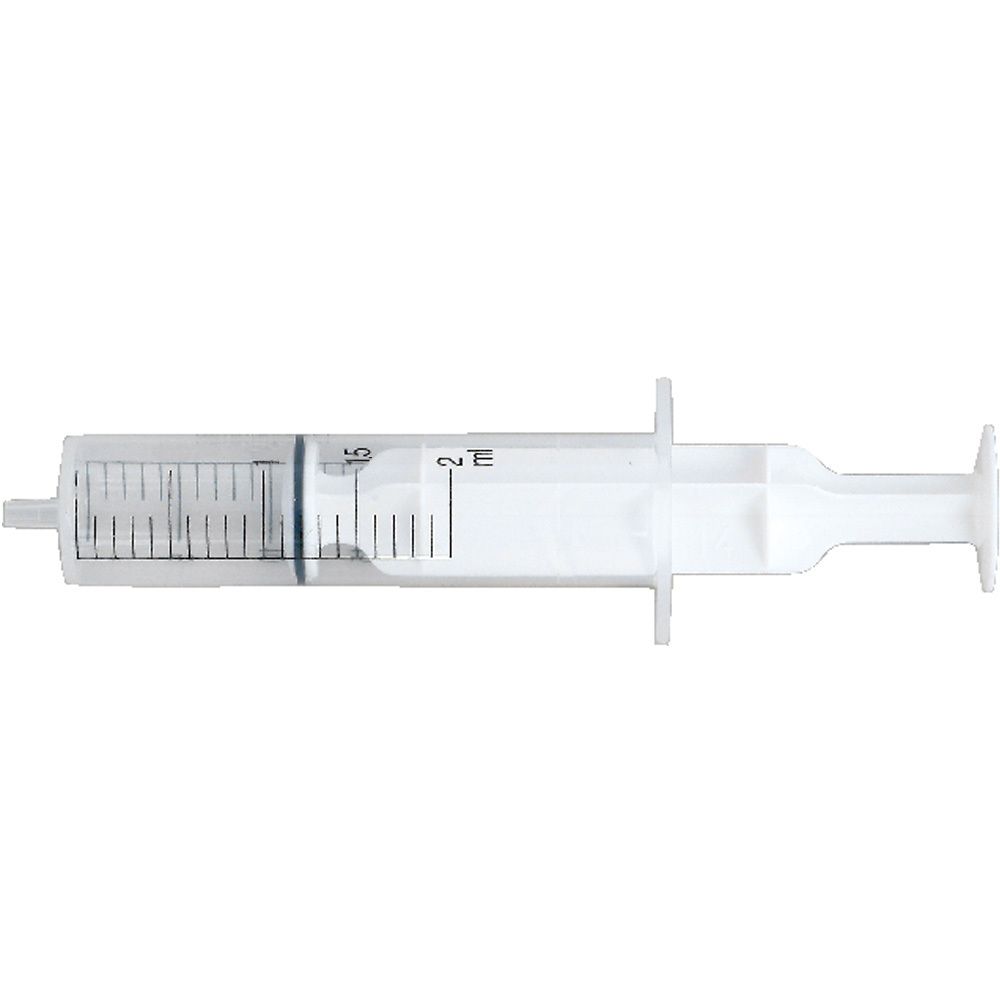 Seringue jetable transparente avec graduation noire. Volume : 2 ml. Avec piston et raccord Luer.
