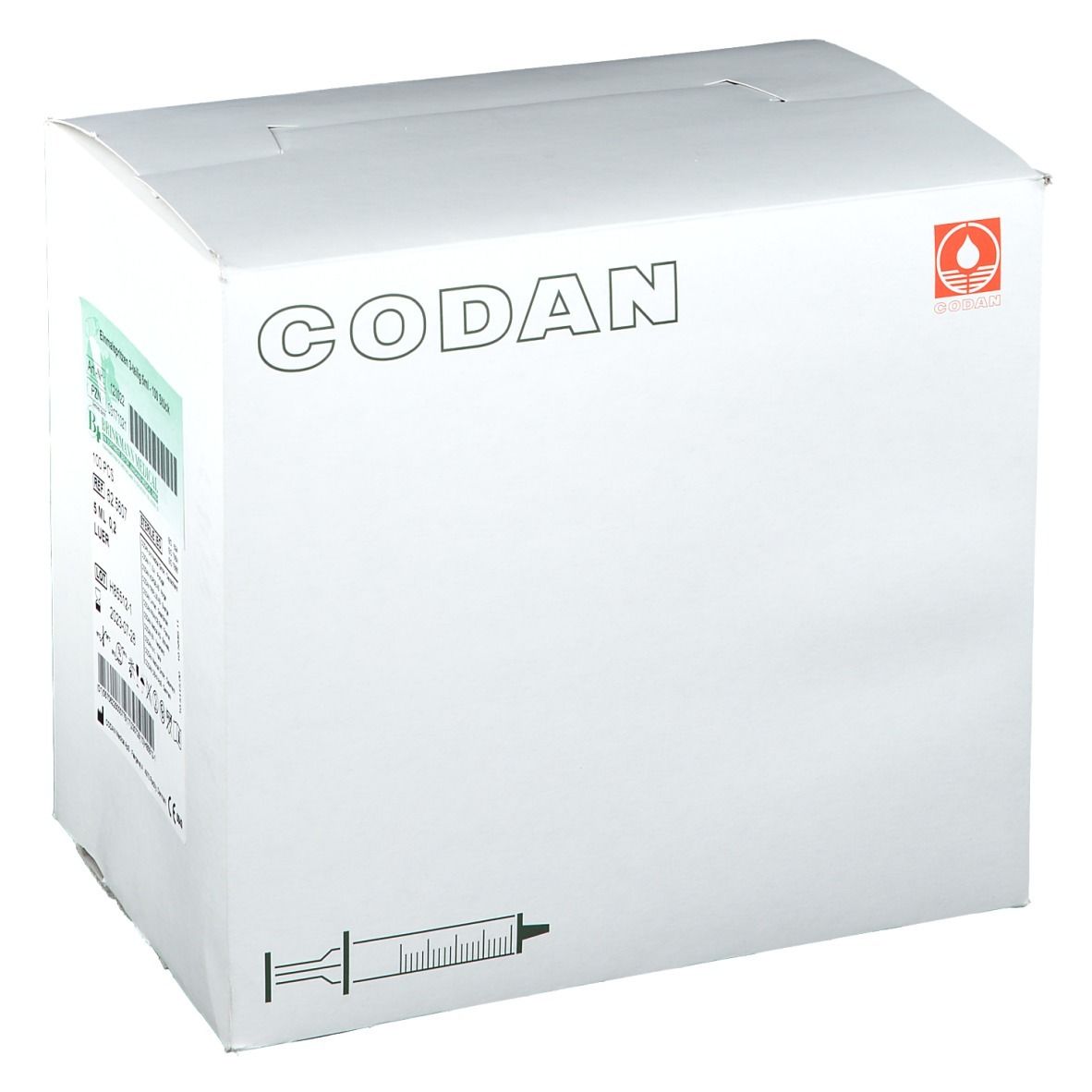 Boîte blanche avec logo CODAN et symbole de seringue. Étiquette avec informations produit.