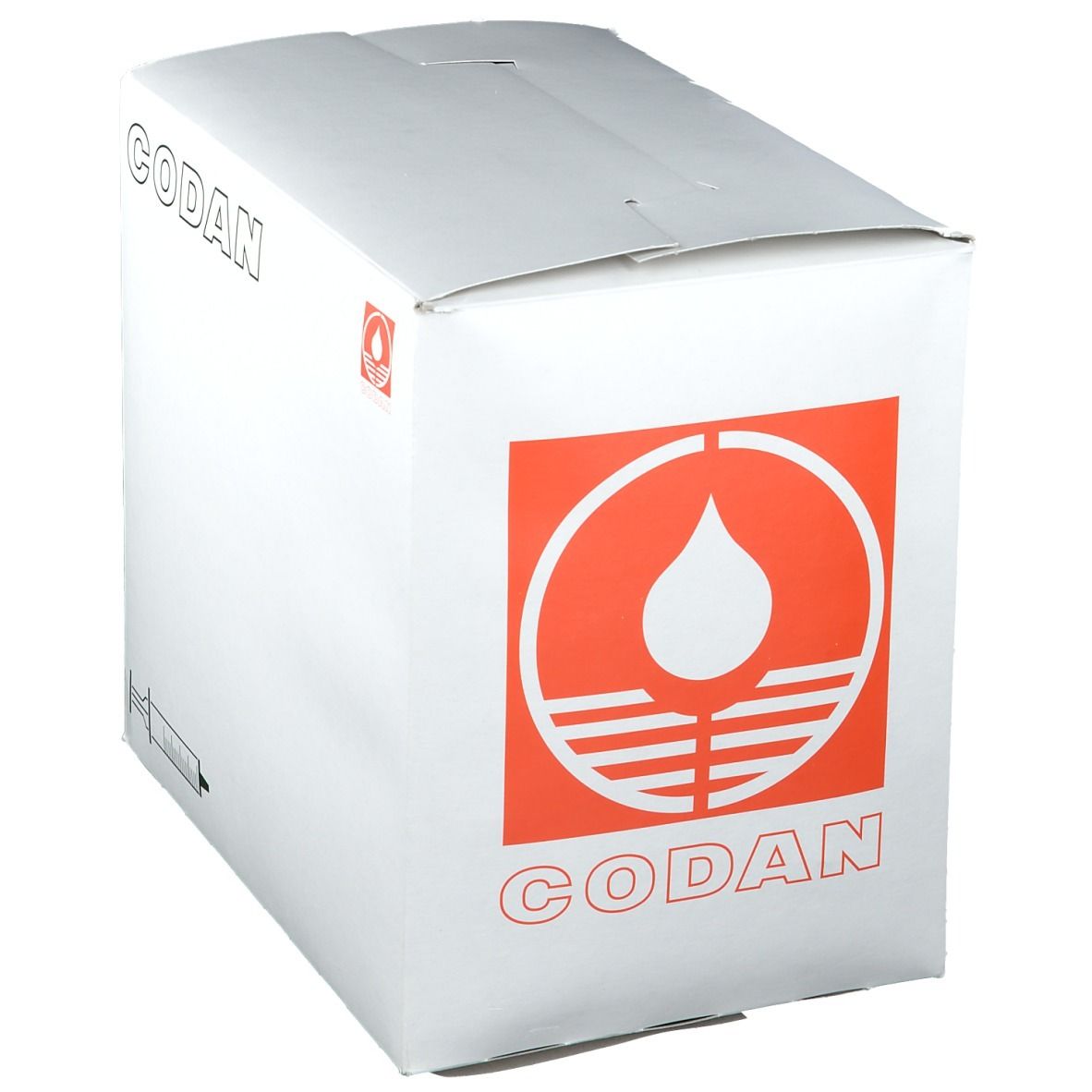 Boîte blanche avec logo CODAN et symbole de seringue. Grand logo CODAN.