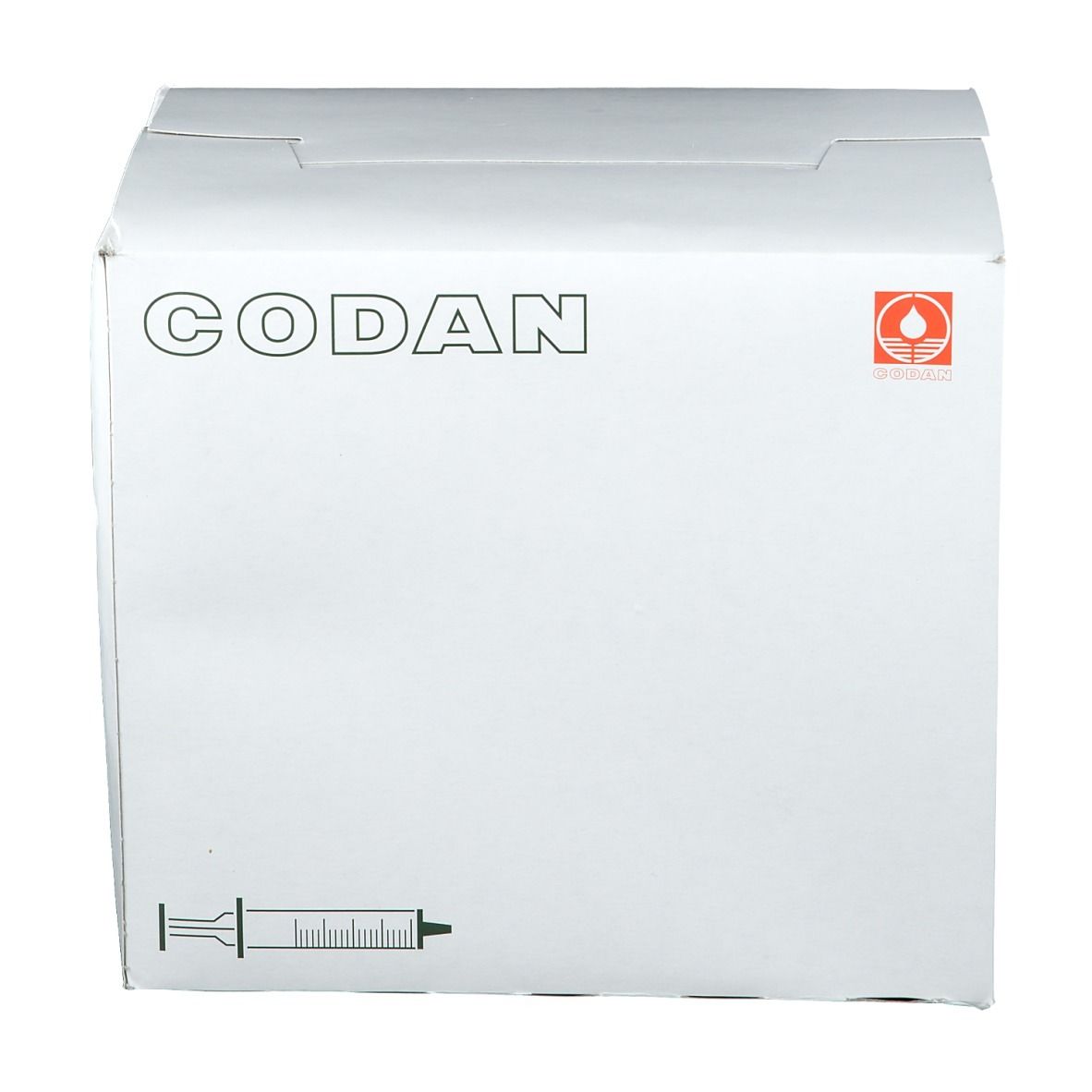 Boîte blanche avec logo CODAN et symbole de seringue. Impression CODAN.