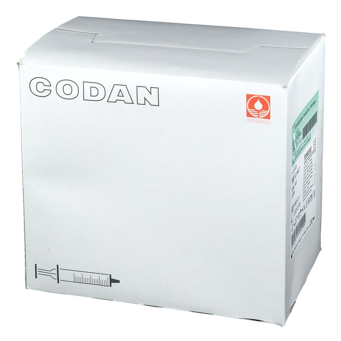 Boîte blanche avec logo CODAN et symbole de seringue. Étiquette avec informations produit.