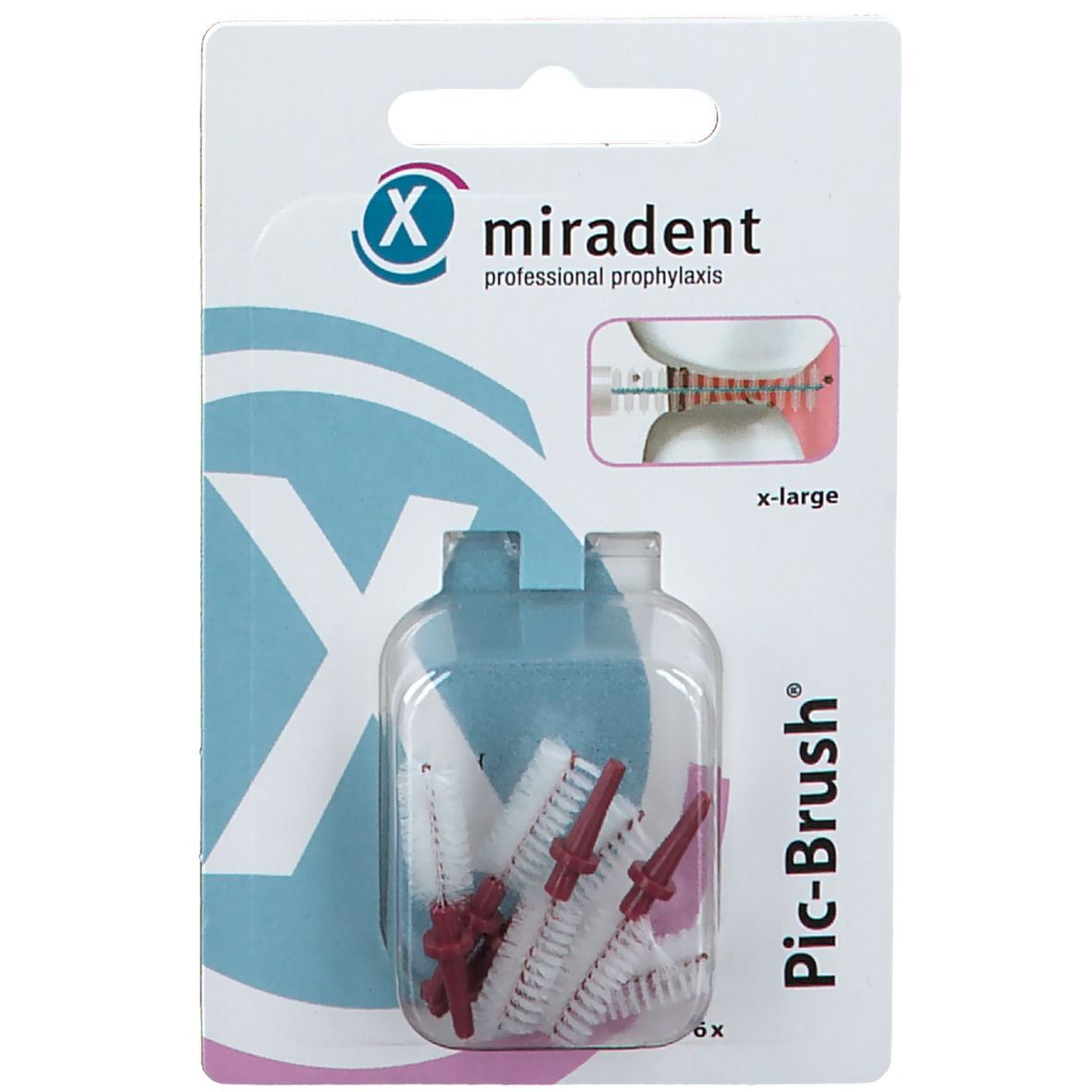 Brosses interdentaires en blister. Soies bordeaux, boîtier transparent, inscription "x-large".