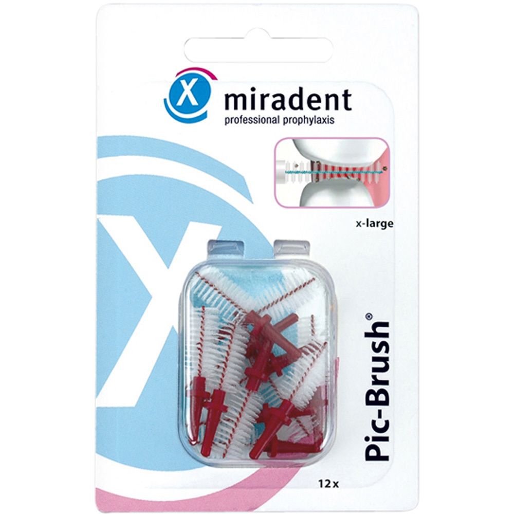 Paquet de brossettes interdentaires miradent Pic-Brush, x-large, bordeaux. 12 pièces dans une boîte transparente. Inscriptions : miradent, Pic-Brush.